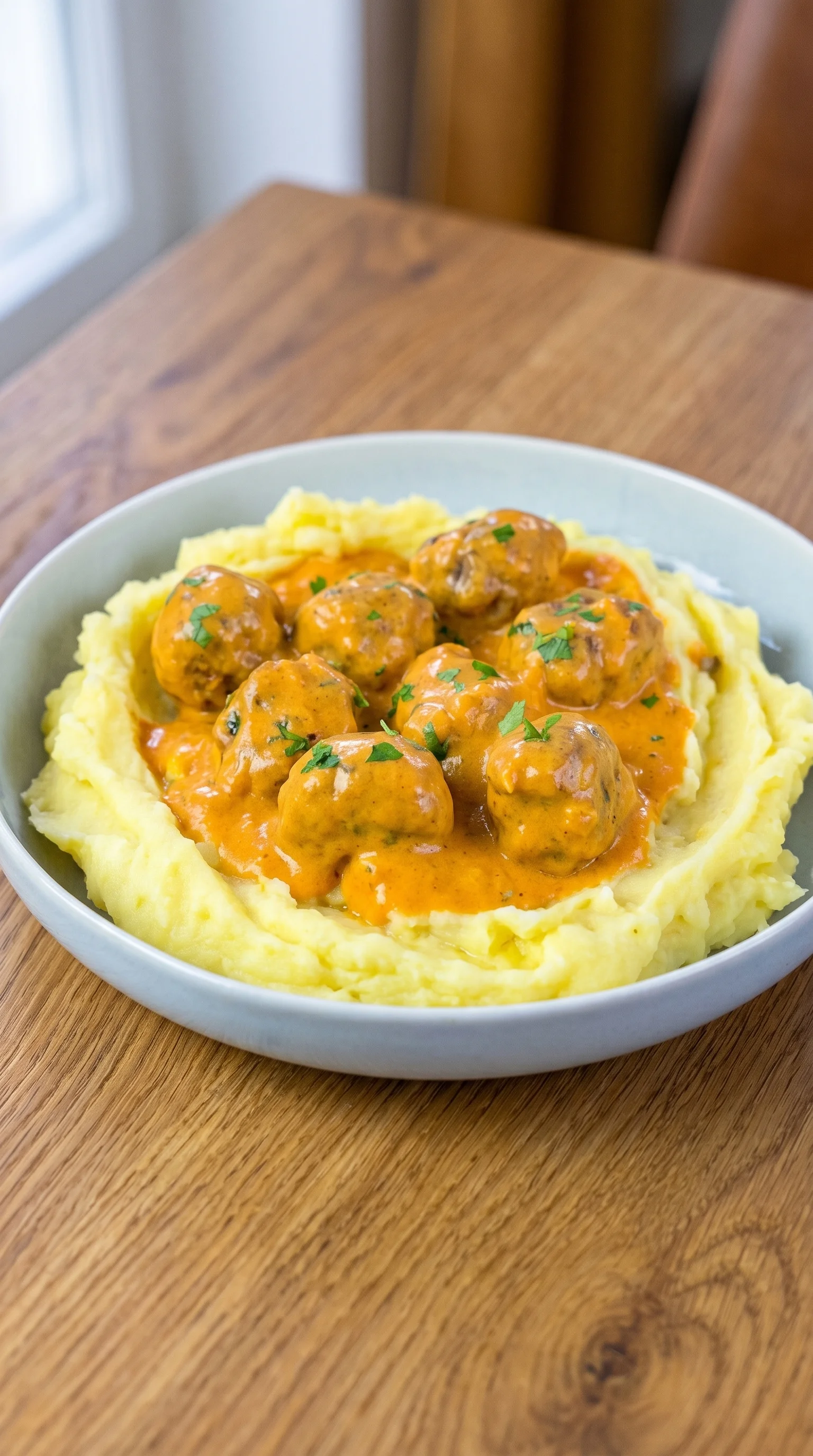 A plate of food with meatballs in a creamy sauce and mashed potatoes.