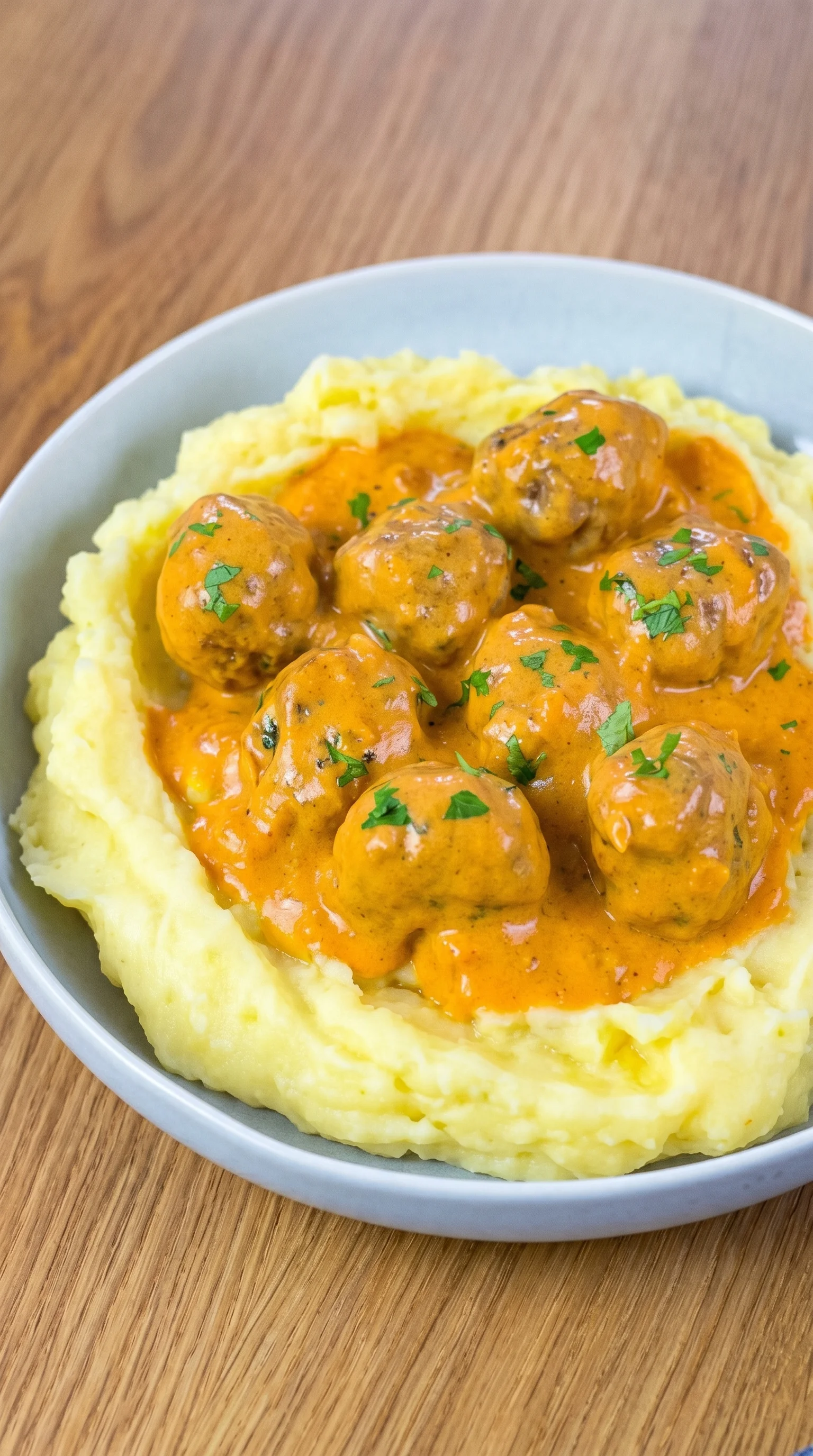 A plate of food with meatballs in a creamy sauce and mashed potatoes.