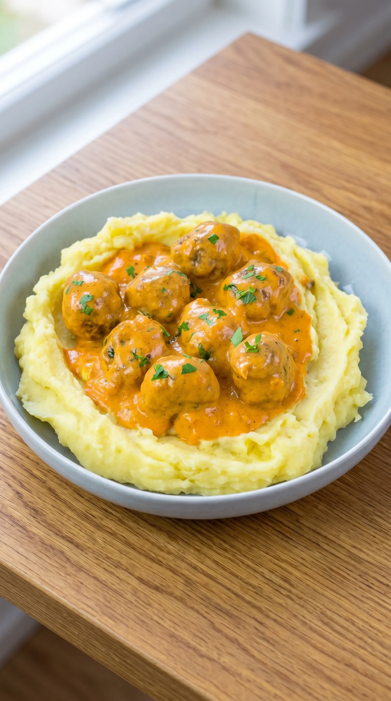 A plate of food with meatballs in a creamy sauce and mashed potatoes.