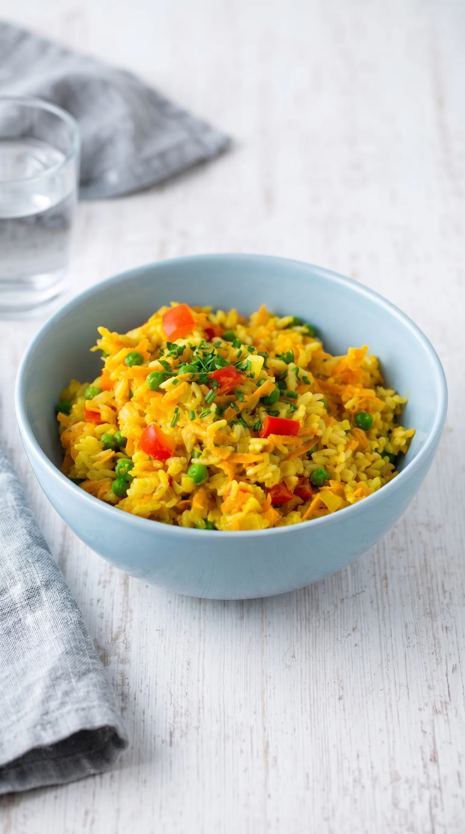 A bowl of rice with peas and tomatoes.