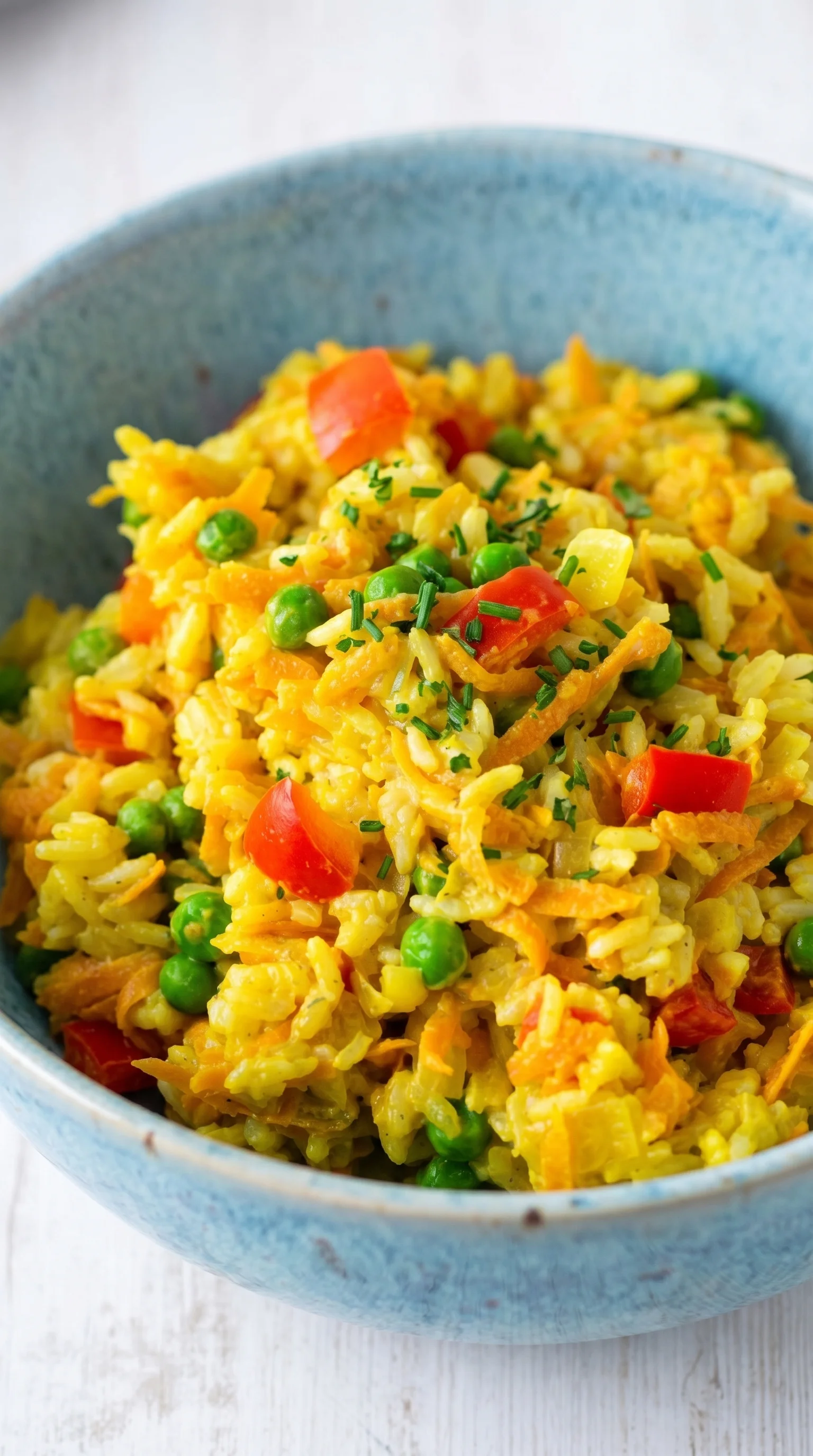 A bowl of rice with peas and tomatoes.