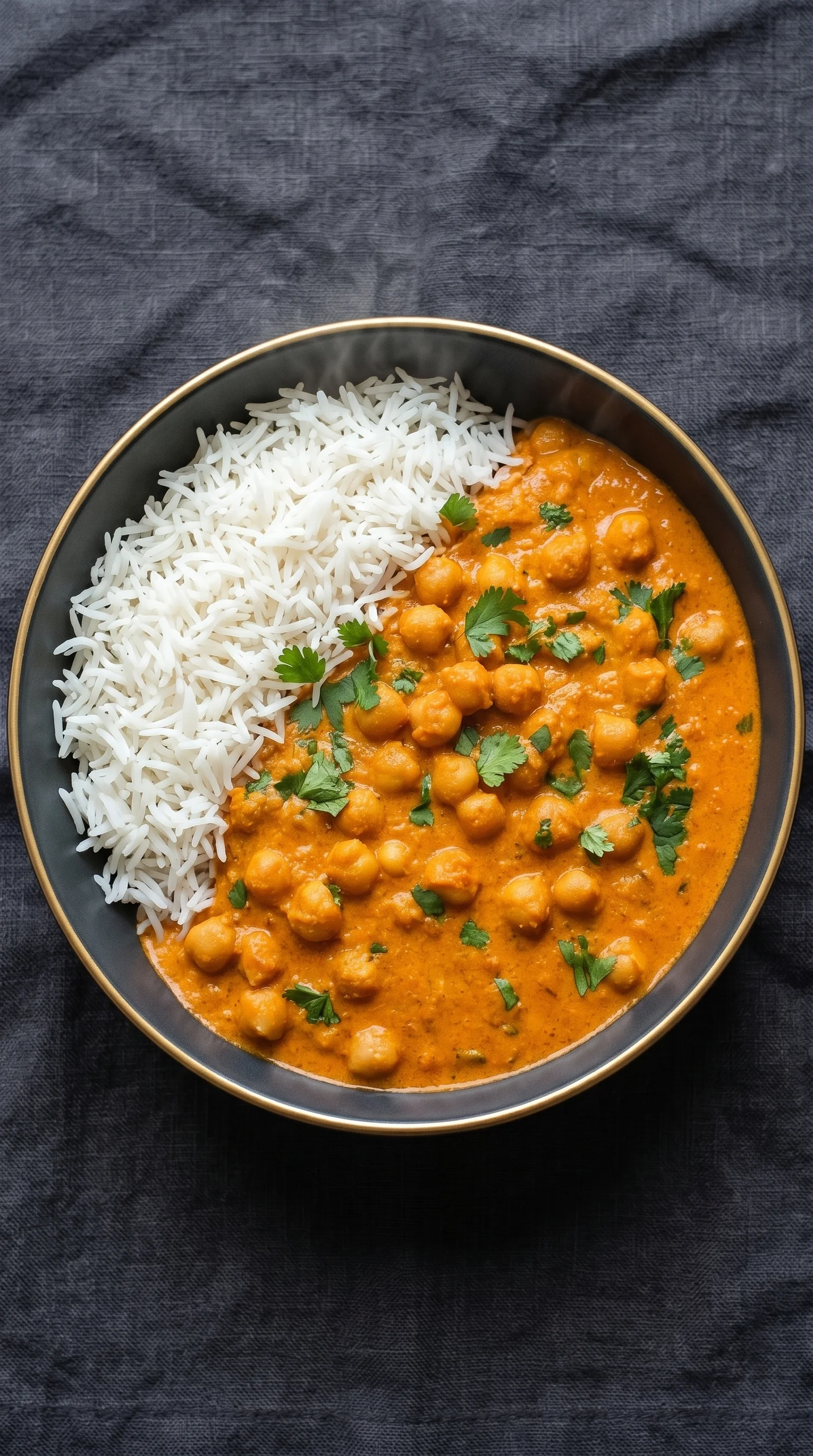 A bowl of Indian food with rice and chickpeas.