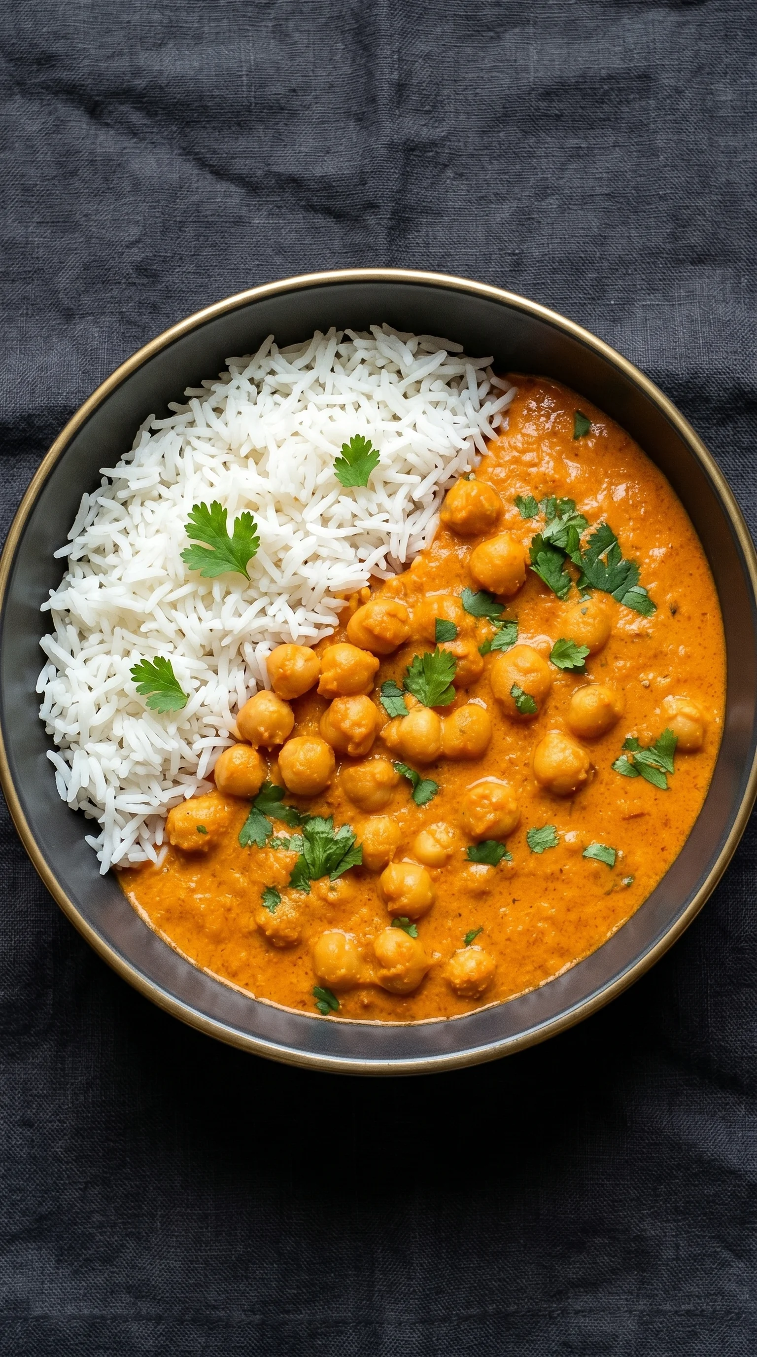 A bowl of Indian food with rice and chickpeas.