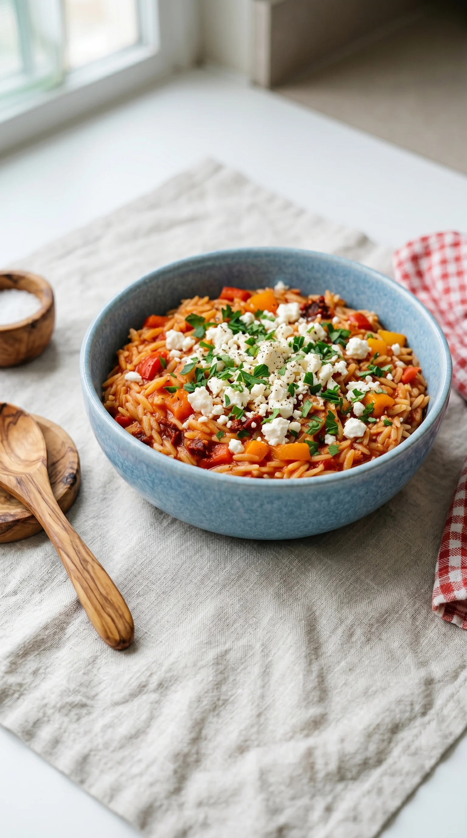 A bowl of pasta with feta cheese and tomatoes.