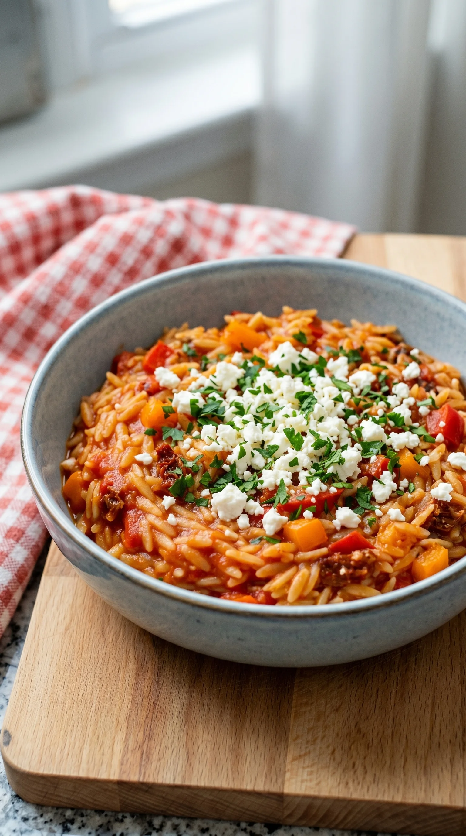 A bowl of pasta with feta cheese and tomatoes.