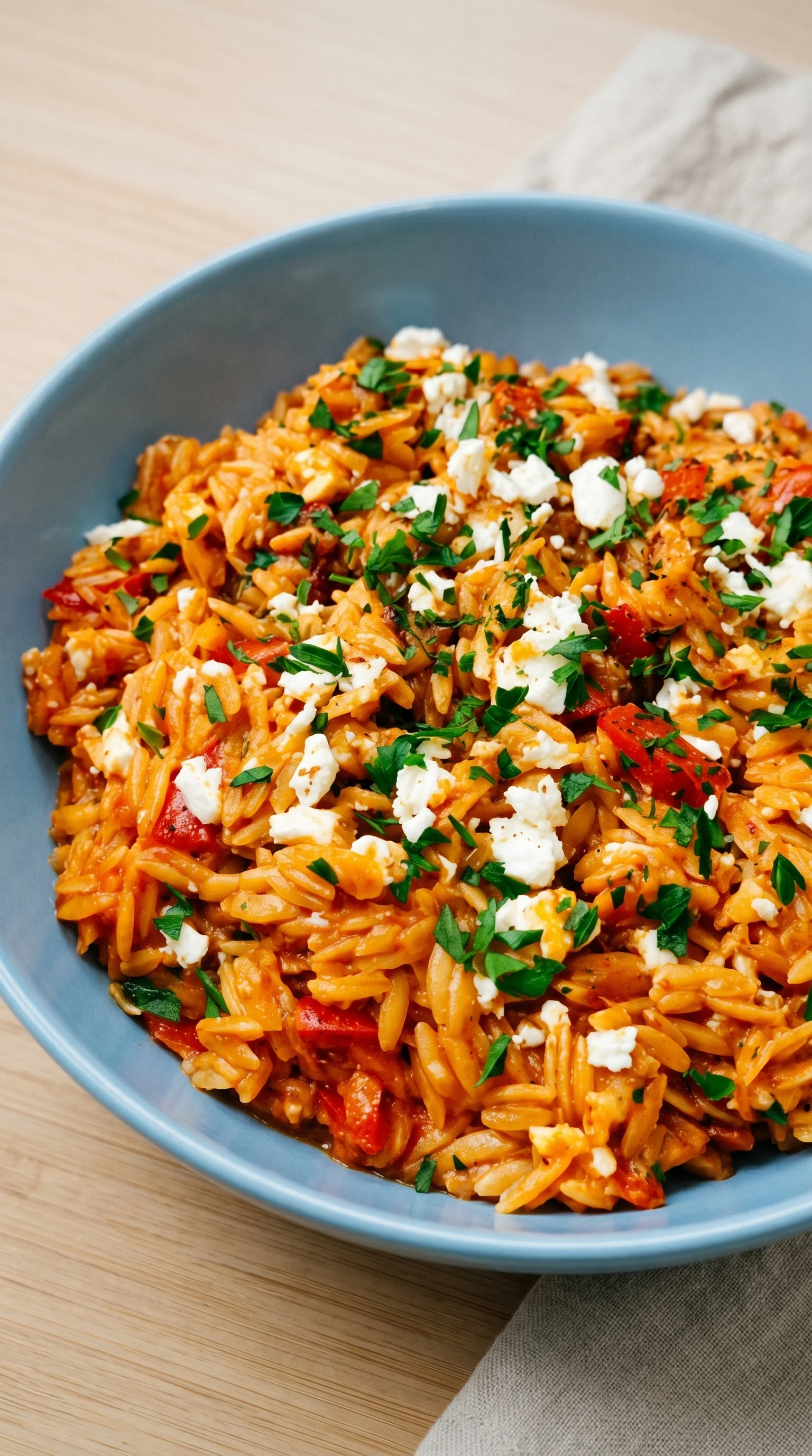 A bowl of orzo with feta cheese.