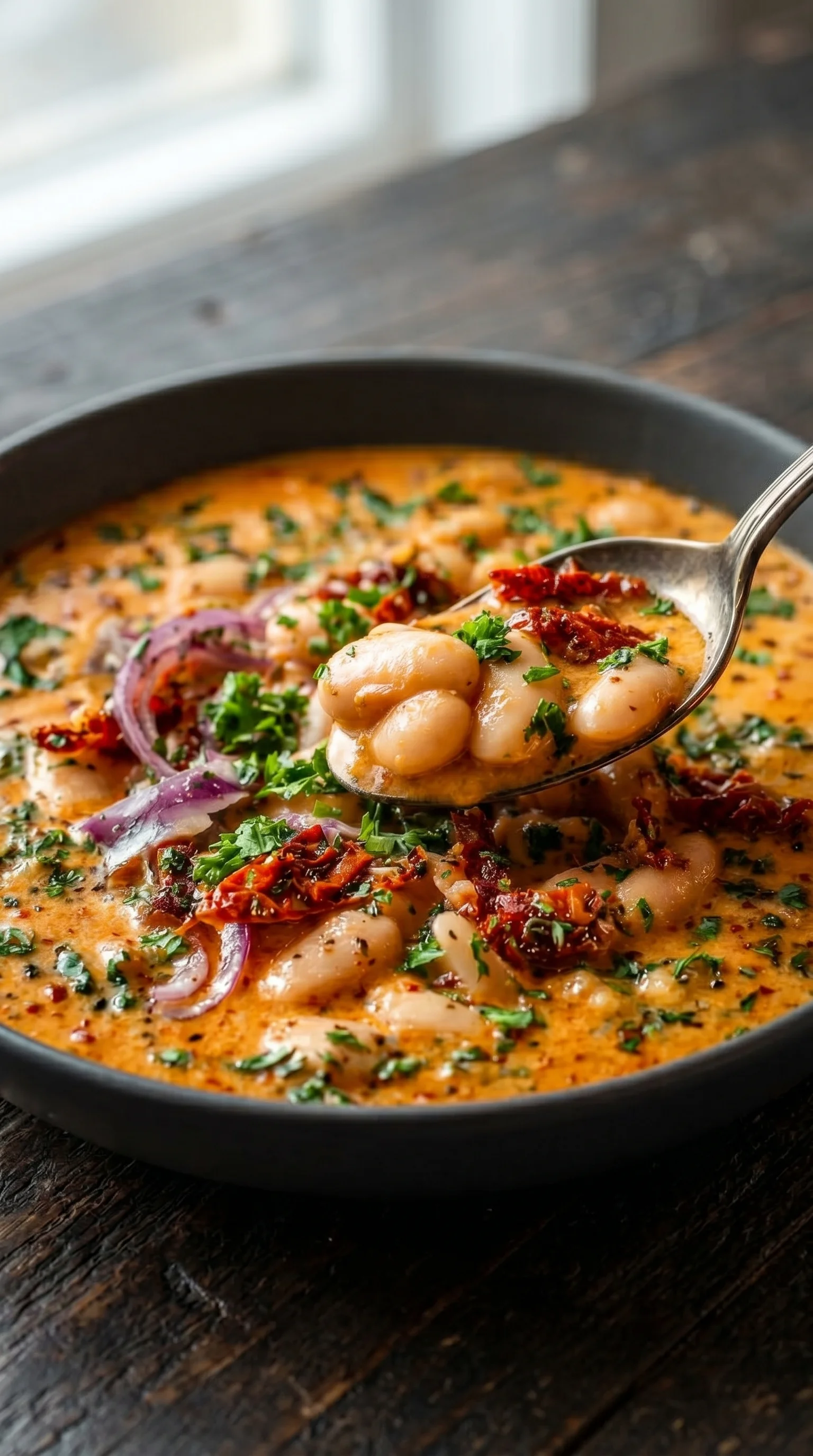 A spoon is in a bowl of creamy tomato bean soup.