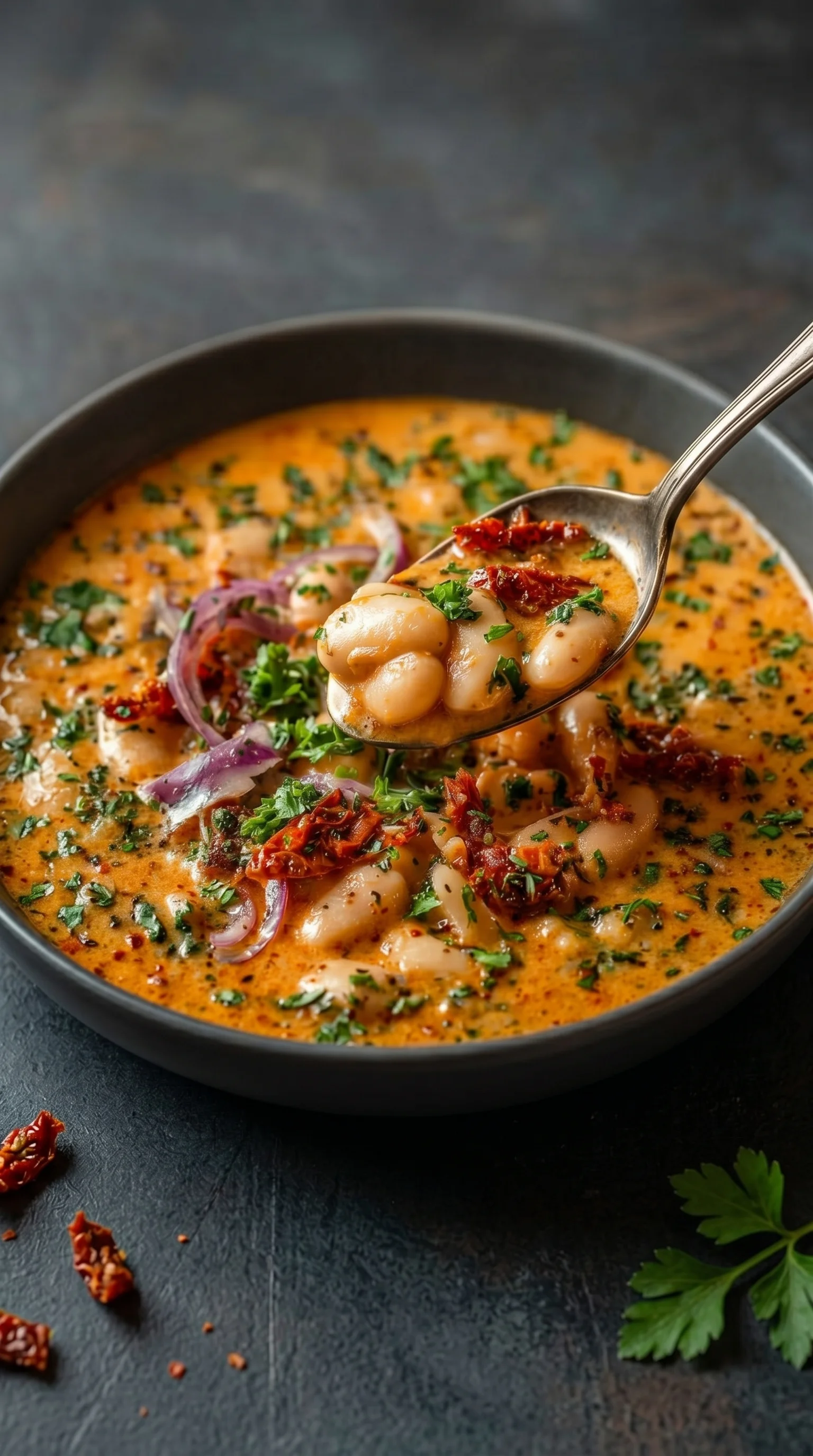A spoon is in a bowl of creamy tomato soup.
