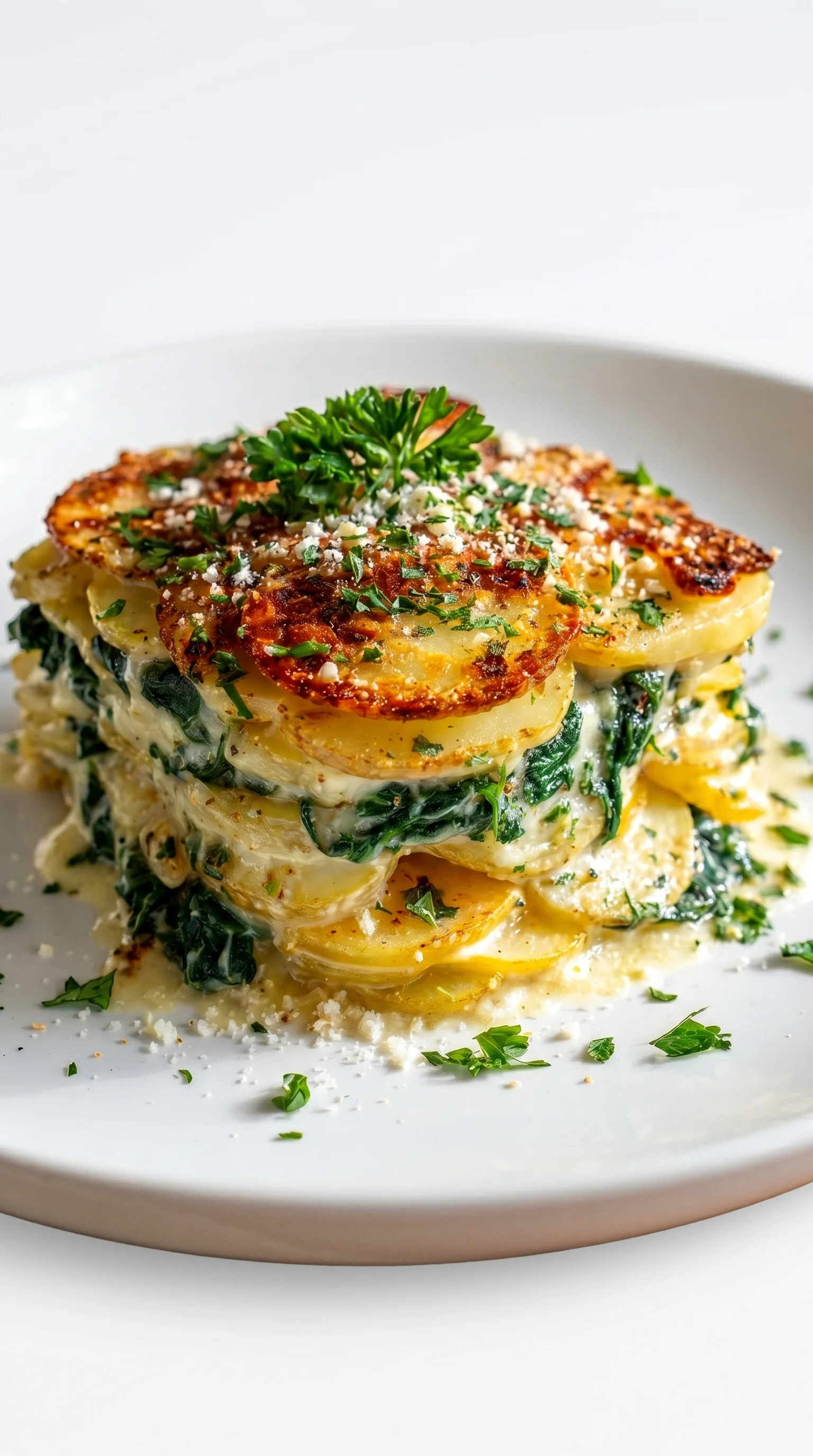 A stack of spinach, potatoes, and parsley on a plate.