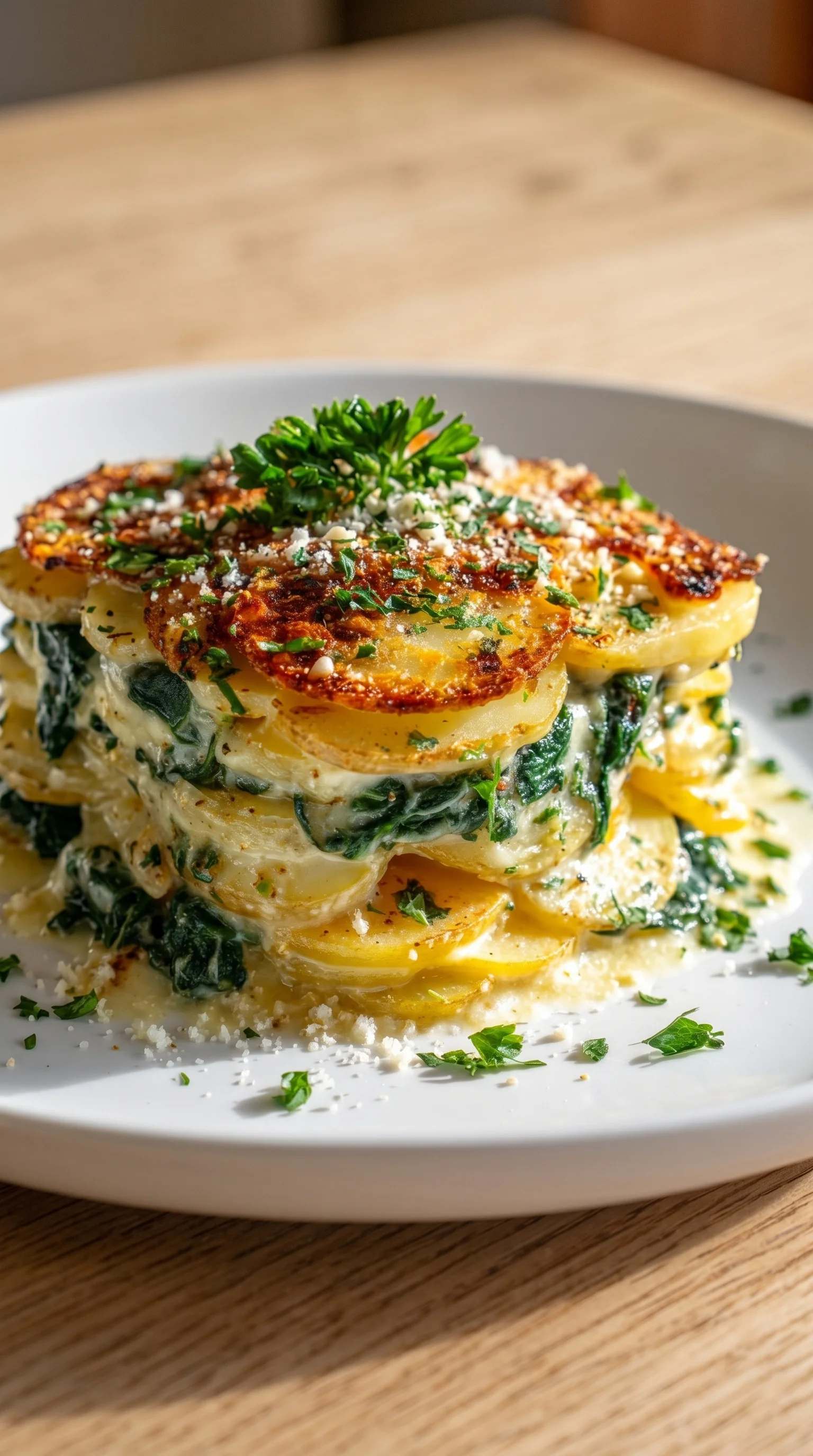 A plate of food with spinach, potatoes, and parsley.