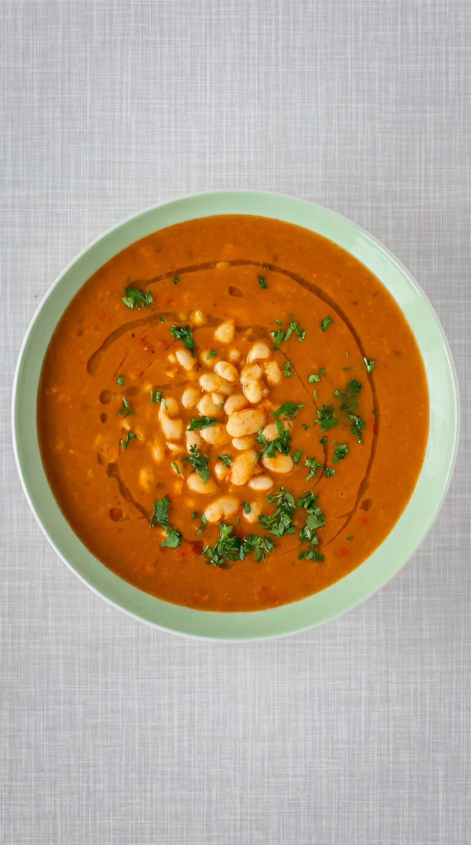 A bowl of soup with green beans and red peppers.