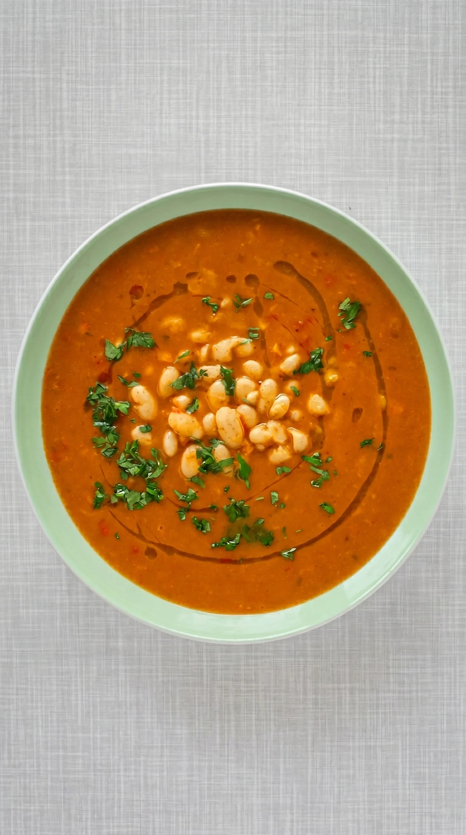 A bowl of soup with green beans and parsley.
