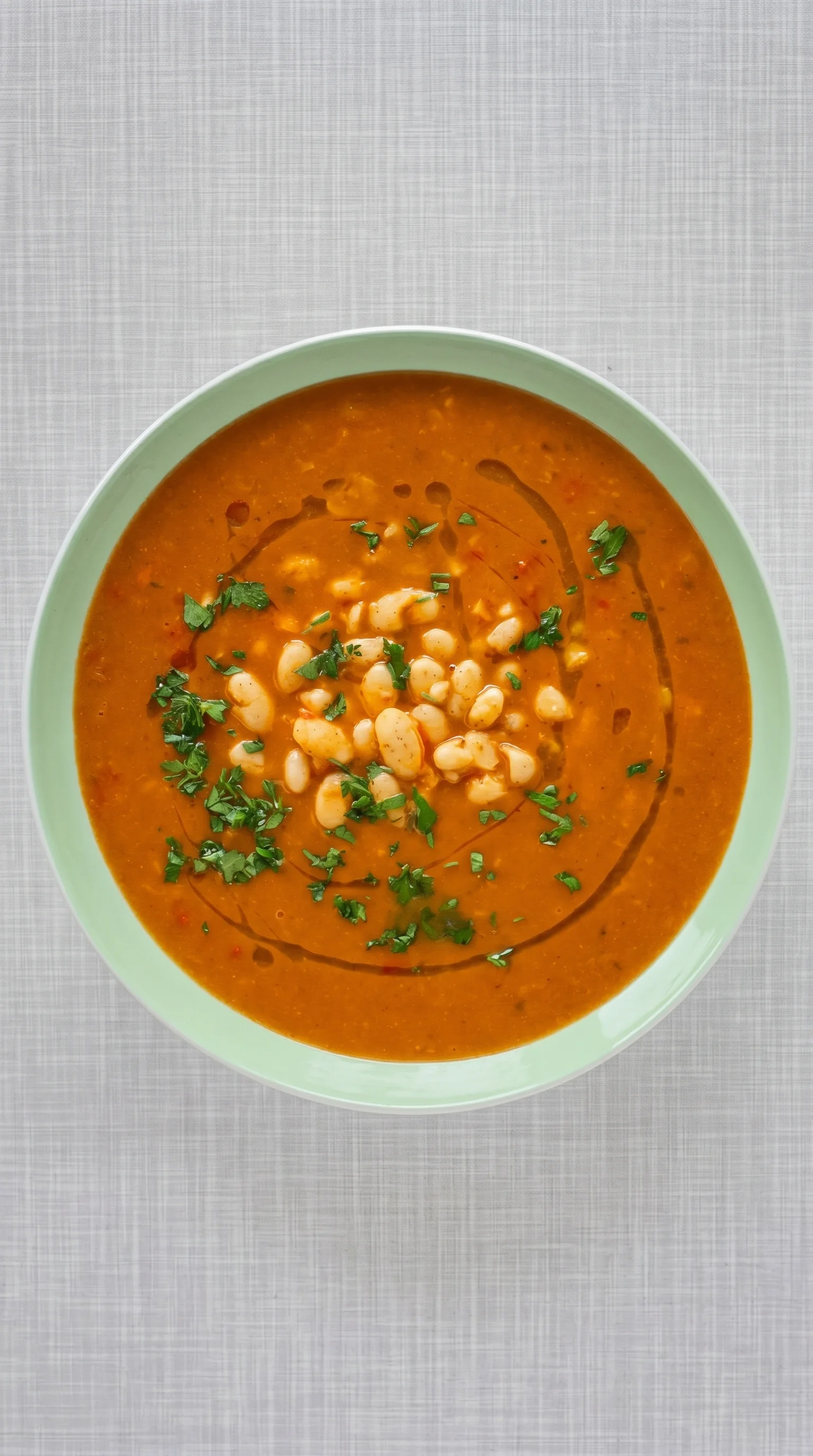 A bowl of soup with green beans and red peppers.