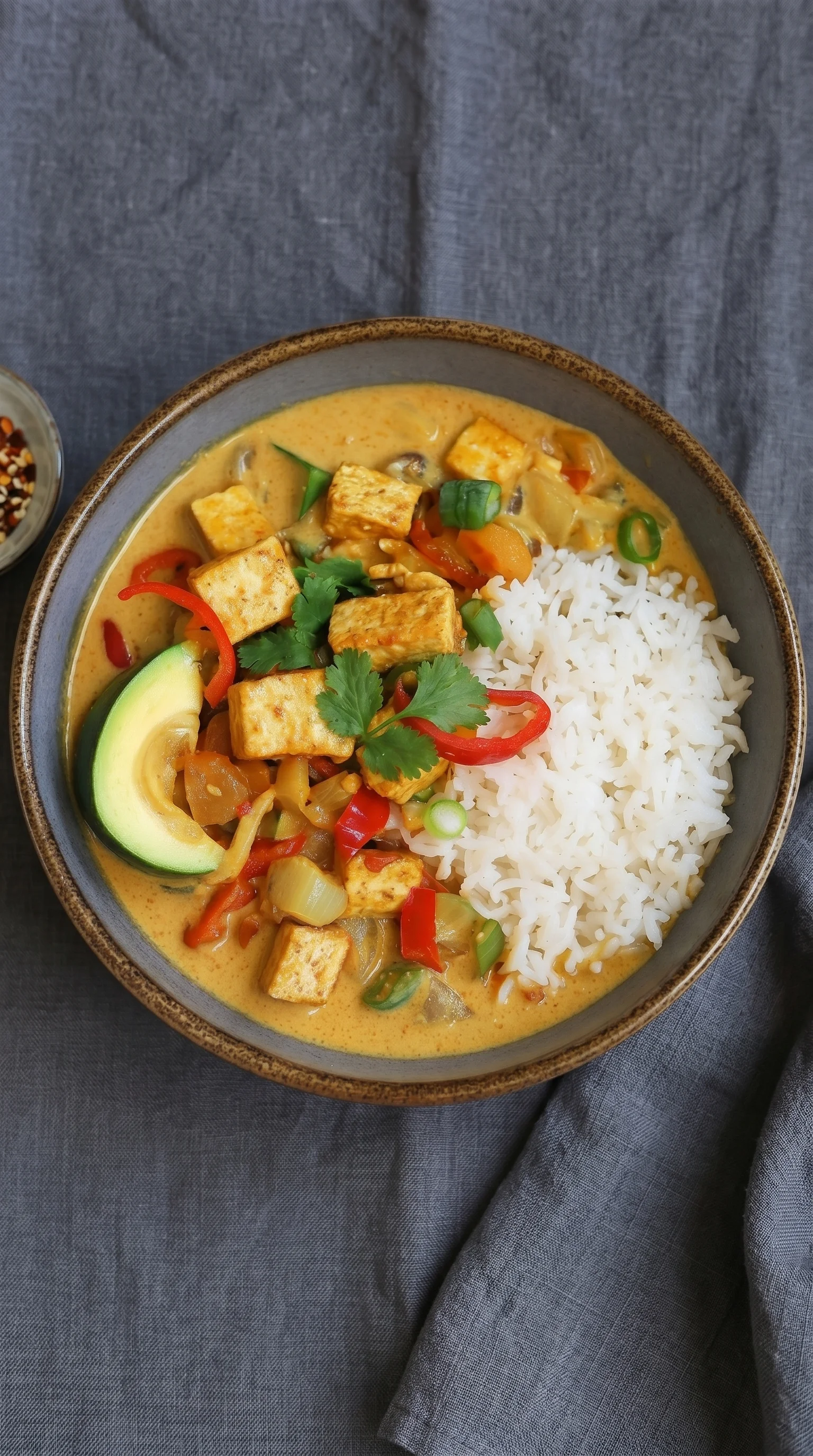 A bowl of Thai tofu curry with rice.