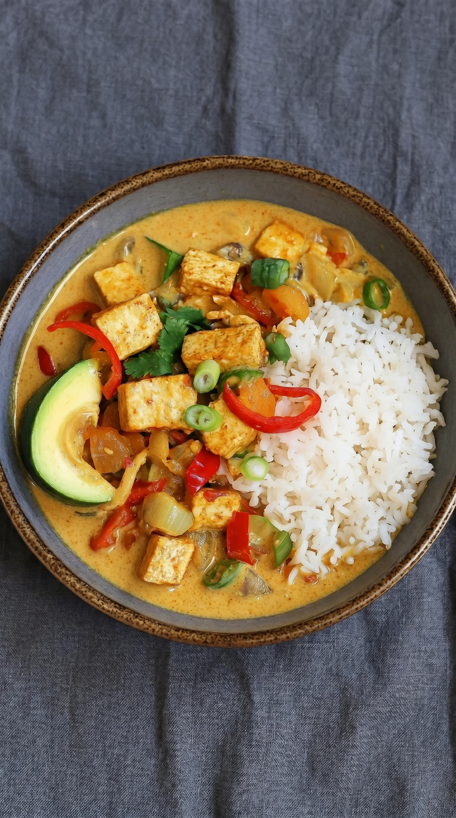 A bowl of Thai curry with tofu and vegetables.
