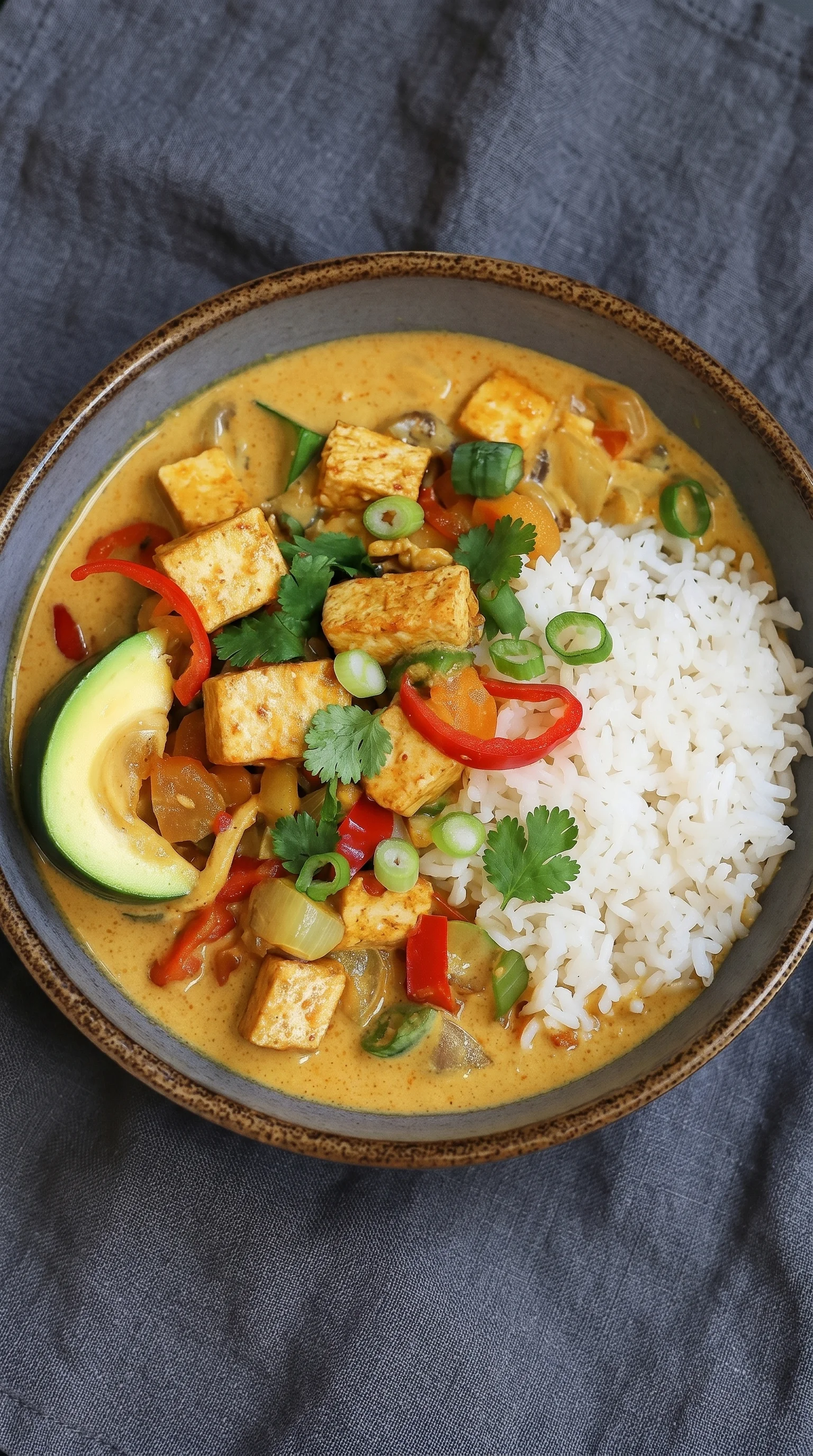 A bowl of vegan Thai curry with tofu and rice.