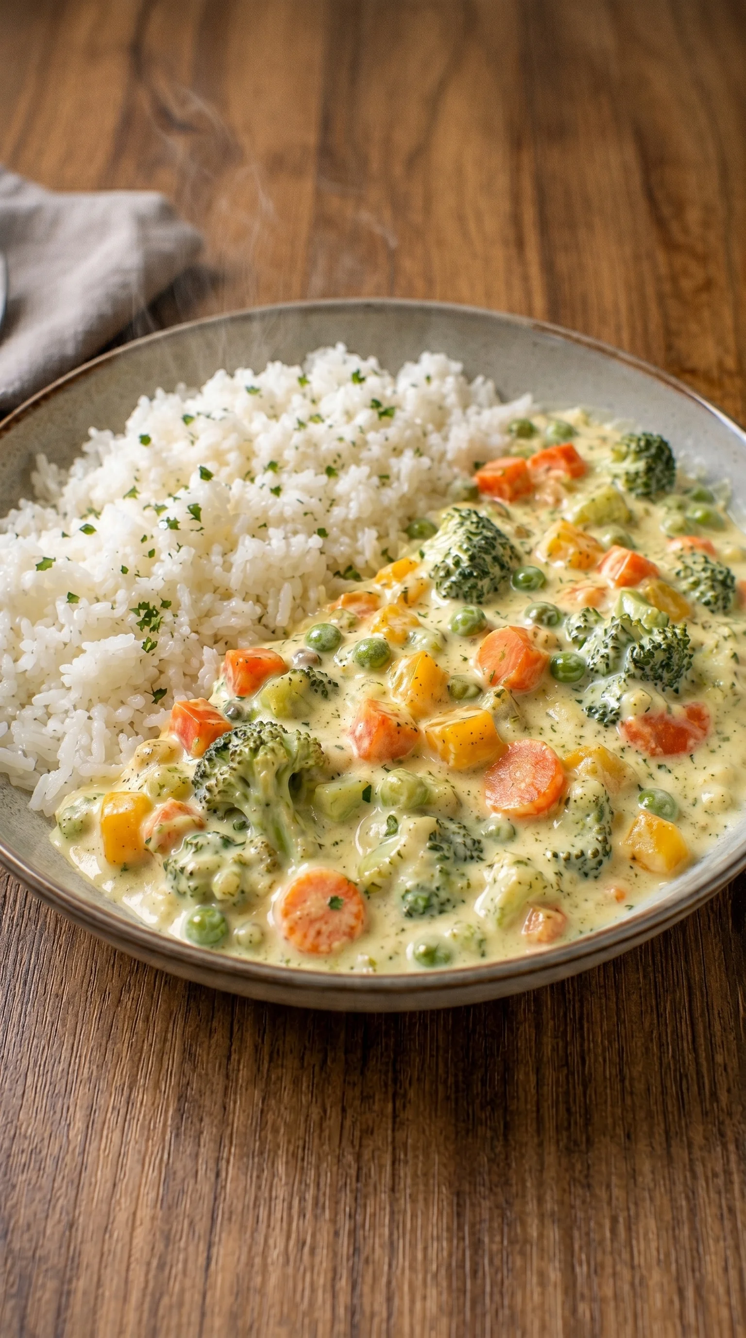 A plate of rice with vegetables and cheese sauce.