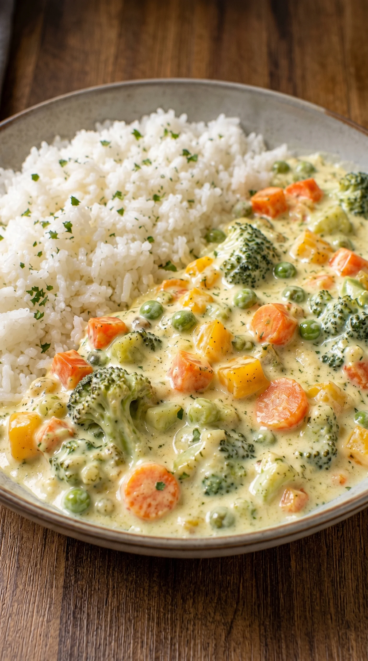 A bowl of rice with peas and carrots.