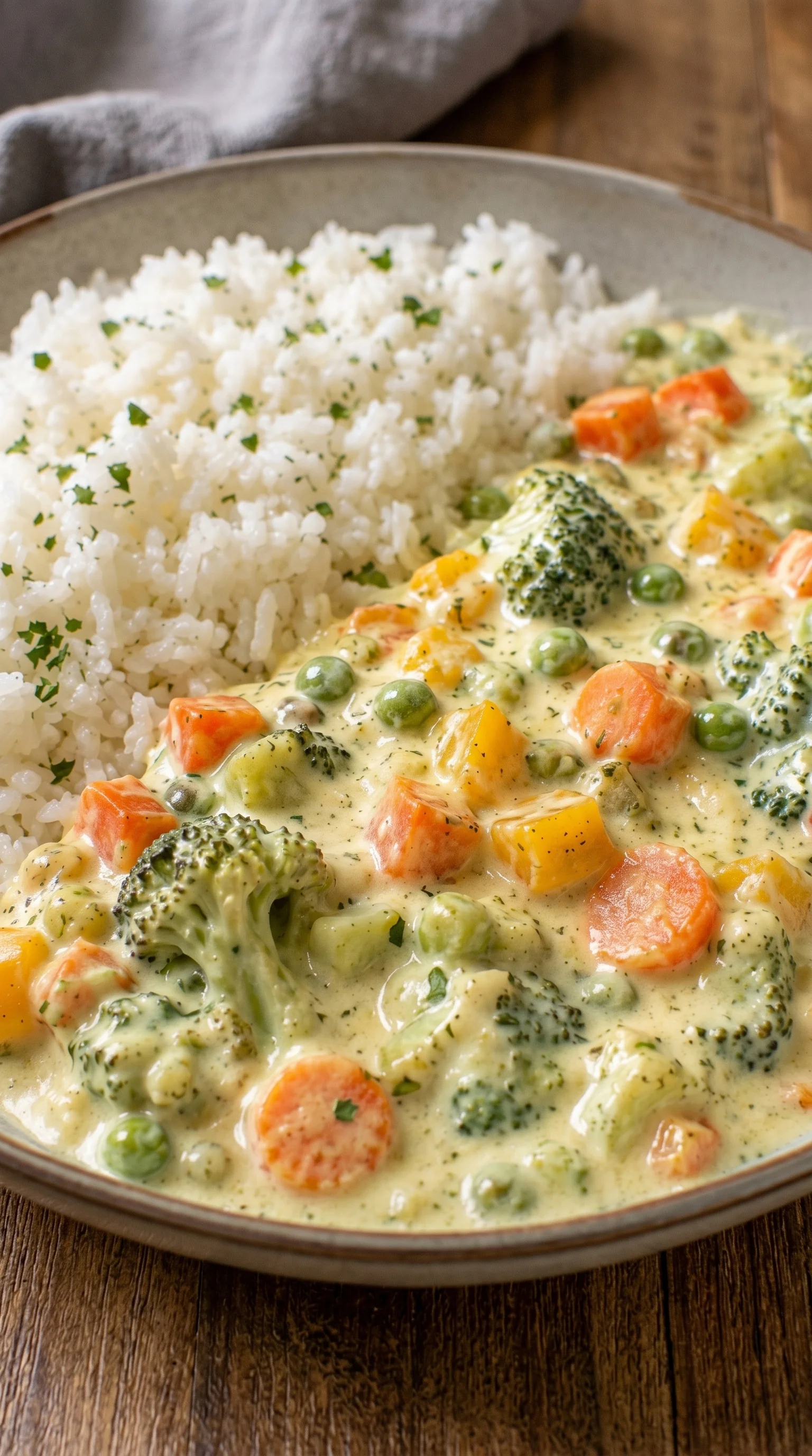 A plate of rice with vegetables and a sauce.