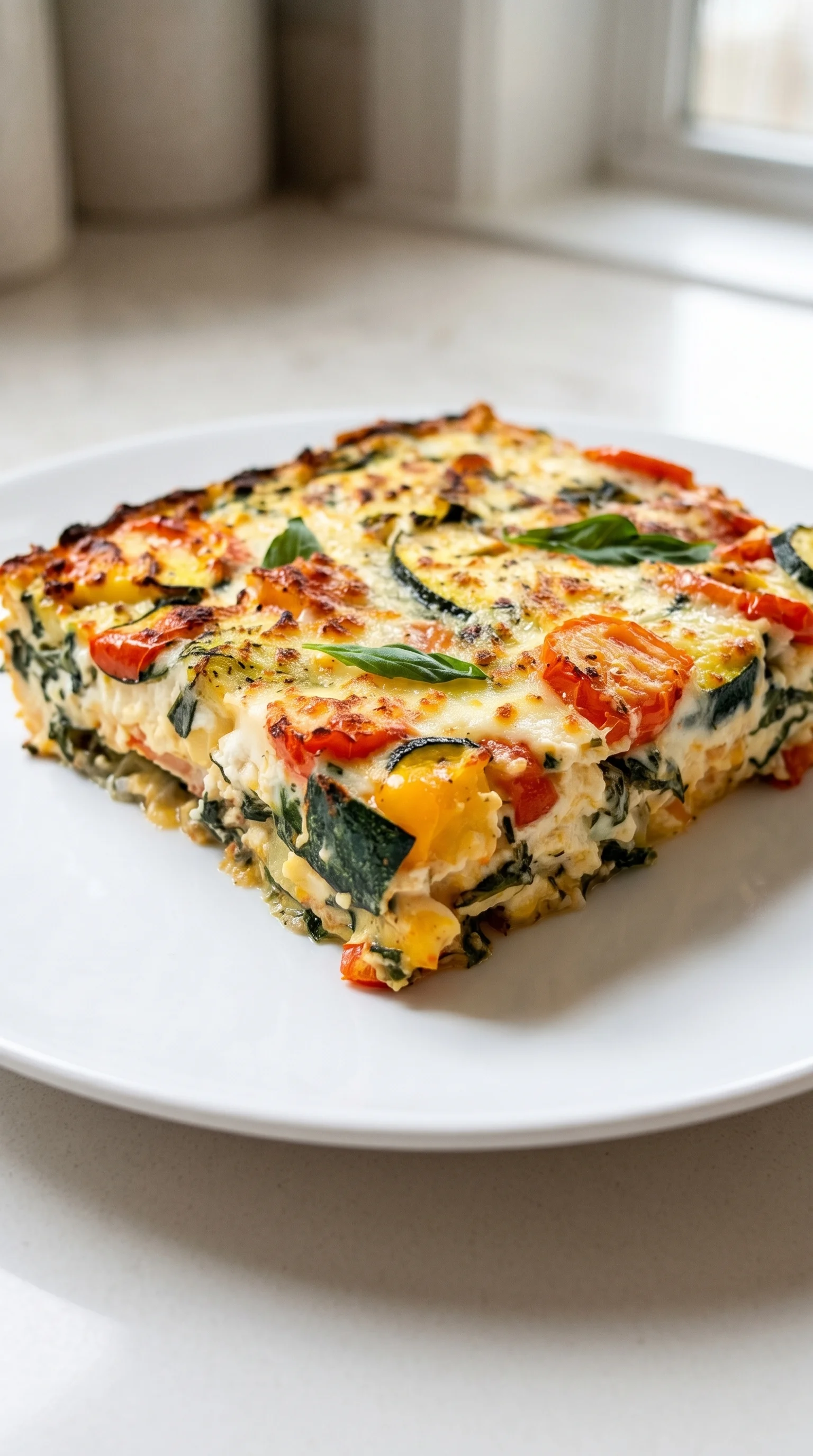 A square white plate with a slice of food on it.