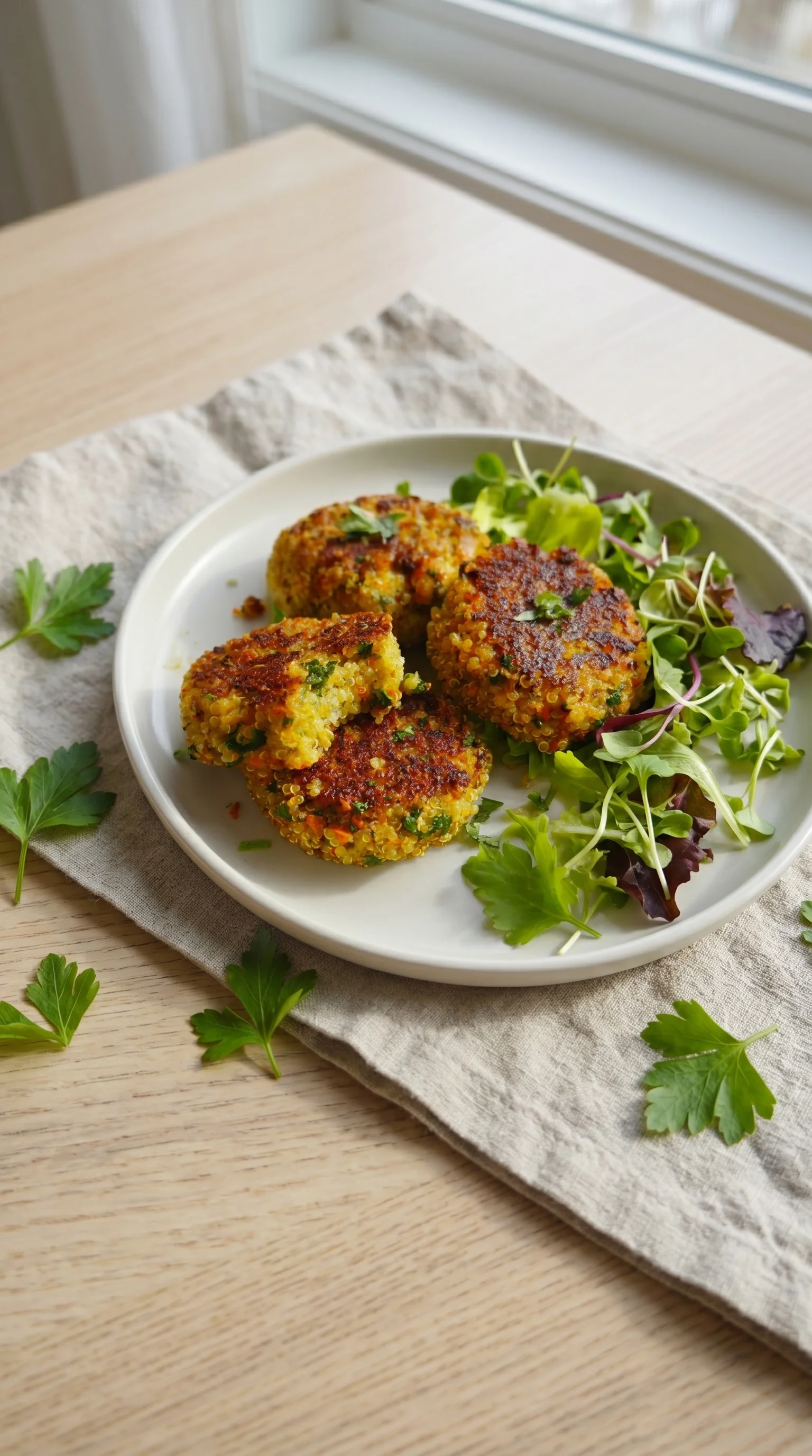 A plate of quinoa bratlinge with greens.