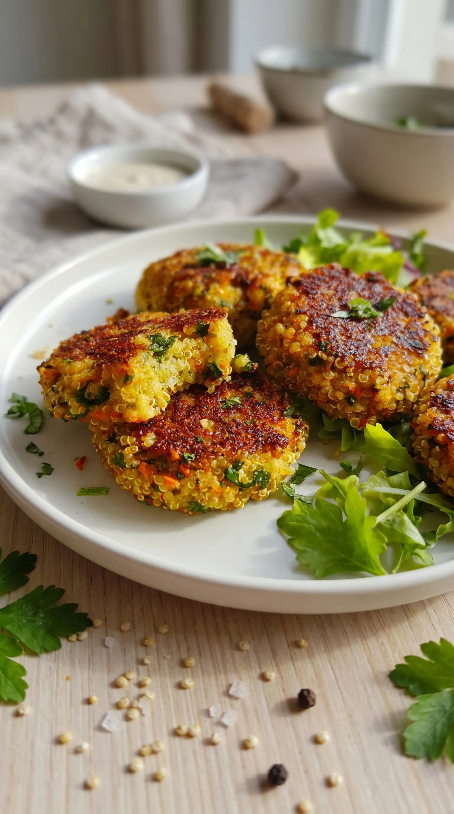 A plate of quinoa bratlinge with a side of salad.