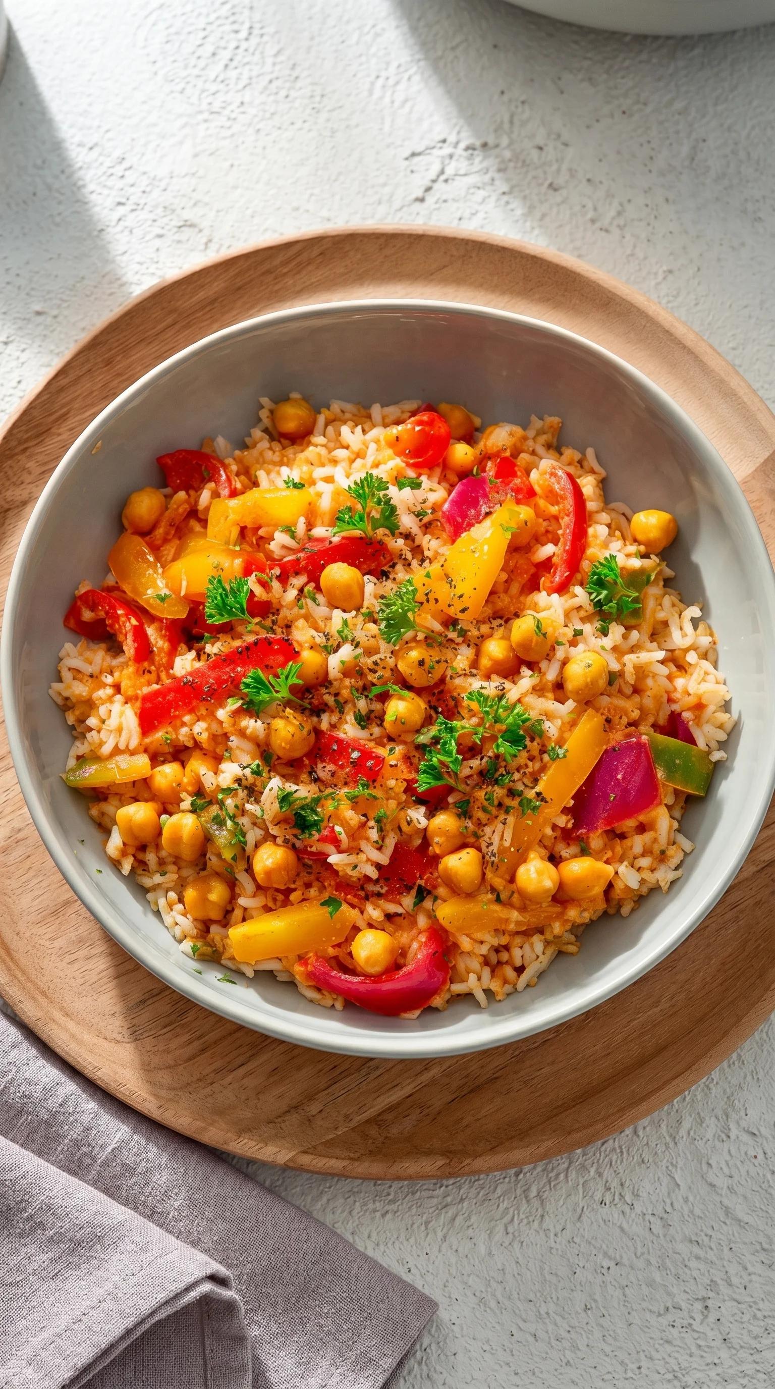 A bowl of rice with vegetables and chickpeas.