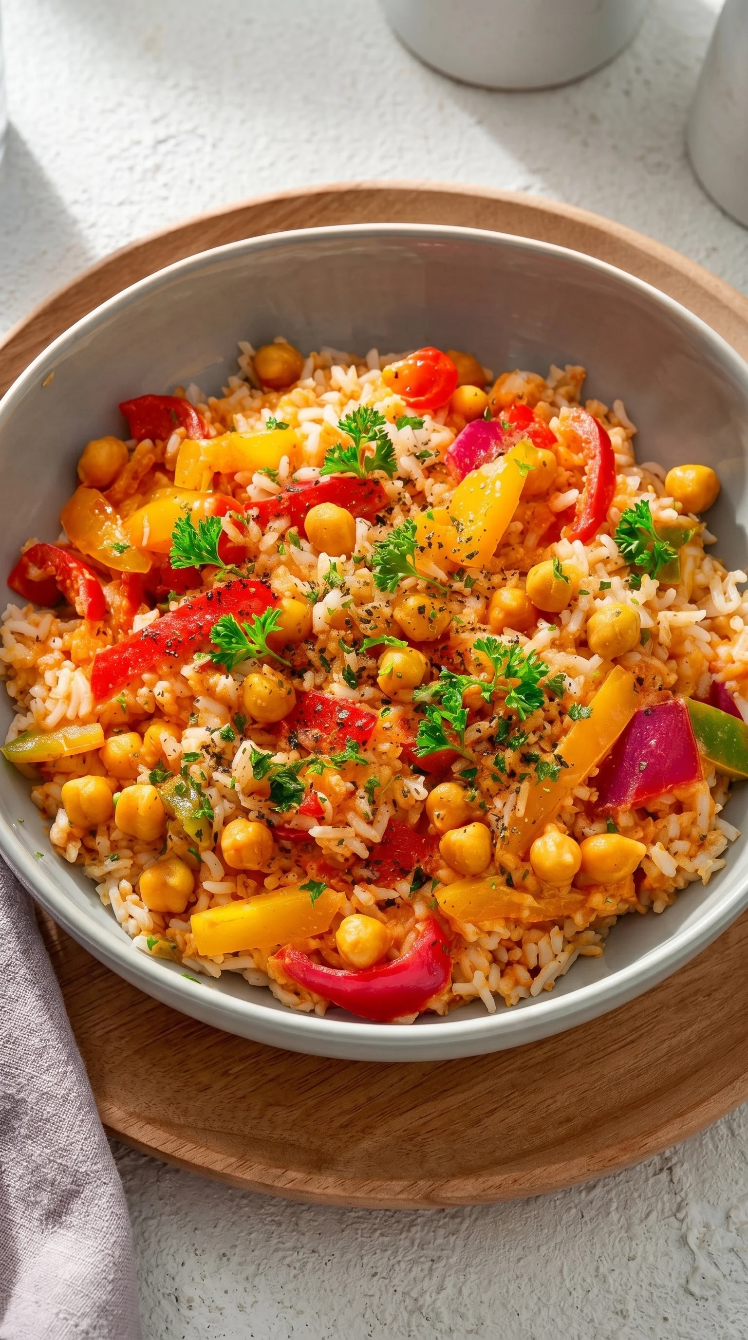 A bowl of rice with tomatoes and chickpeas.