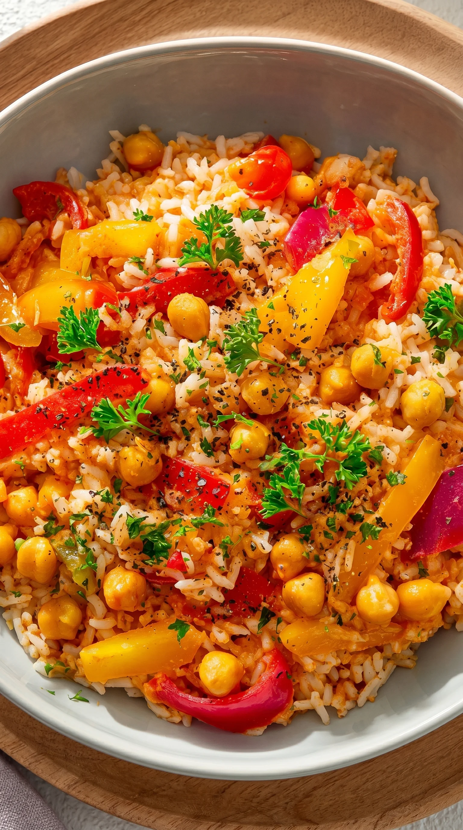 A bowl of rice with tomatoes, peppers, and chickpeas.