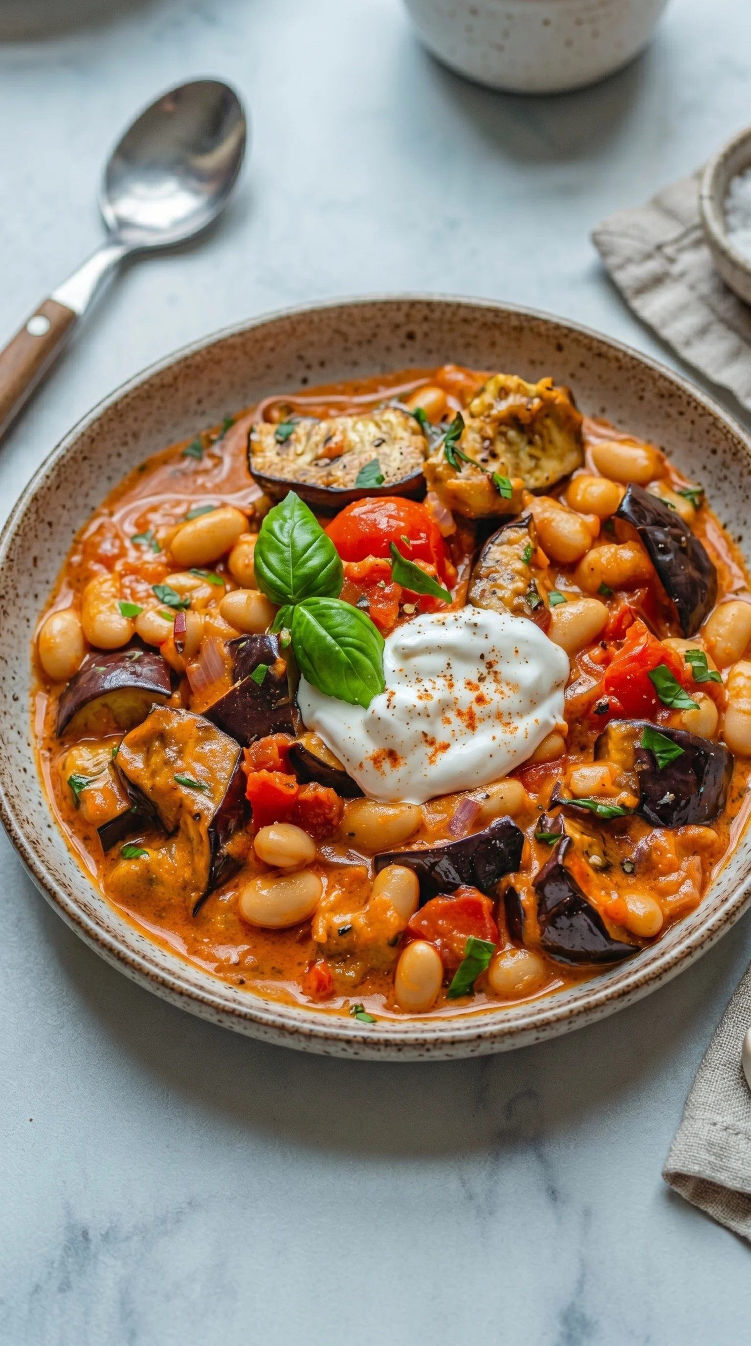 A bowl of vegetables including beans, tomatoes, and eggplant.