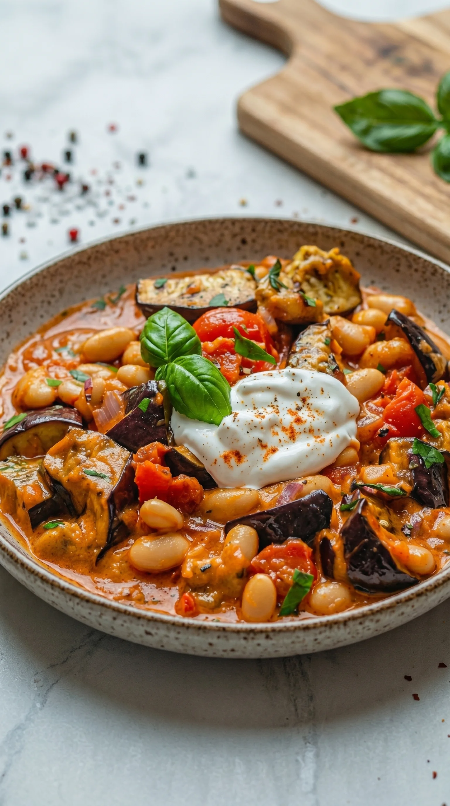 A bowl of vegetables including beans, tomatoes, and eggplant.