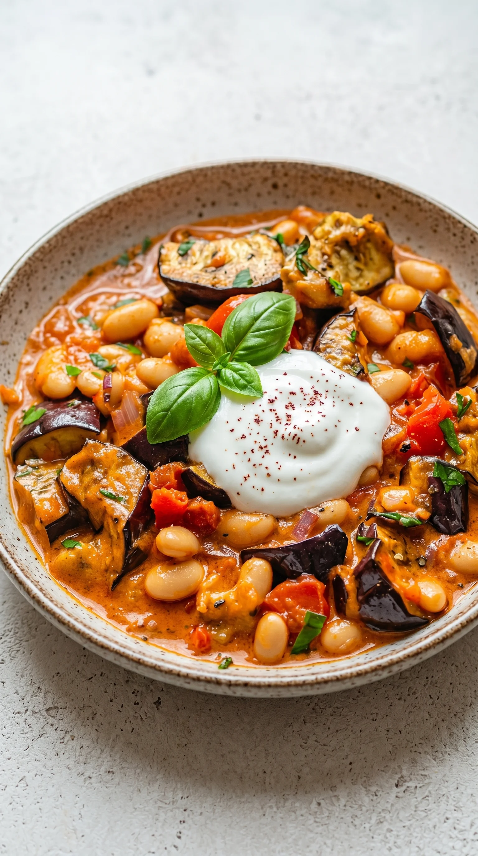 A bowl of vegetable soup with a dollop of sour cream on top.
