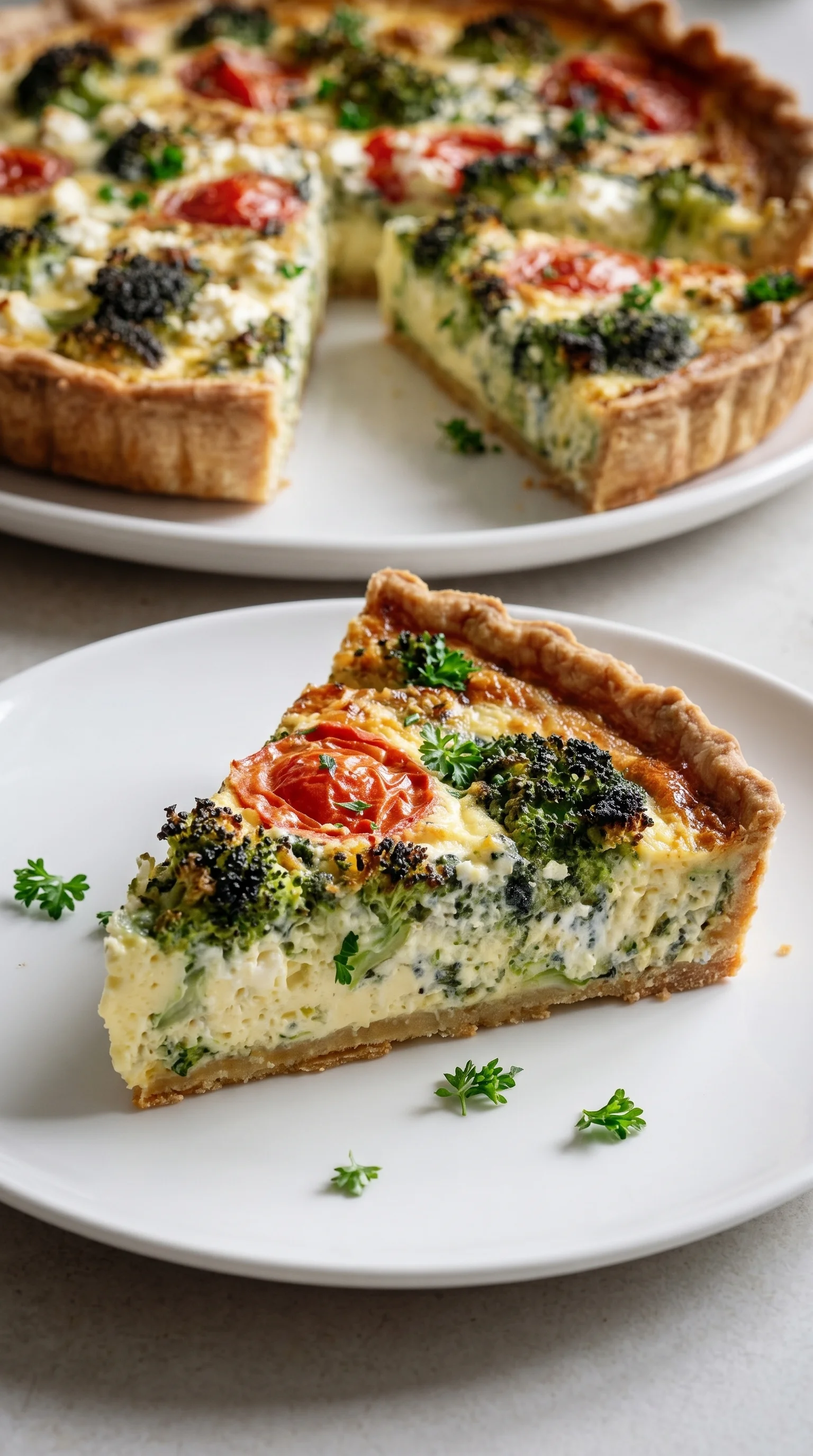 A slice of broccoli quiche with feta and tomatoes.