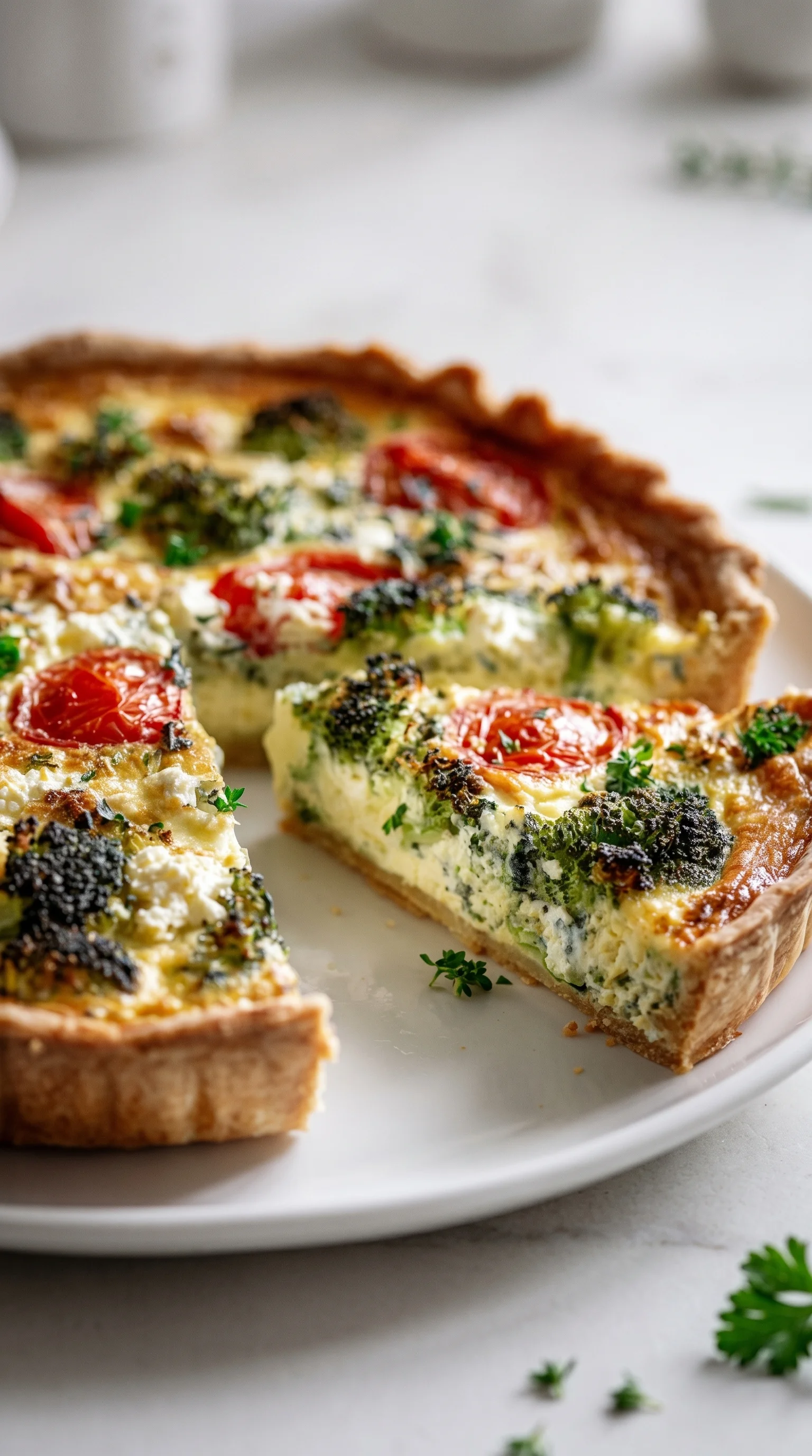 A slice of broccoli quiche with feta and tomatoes.