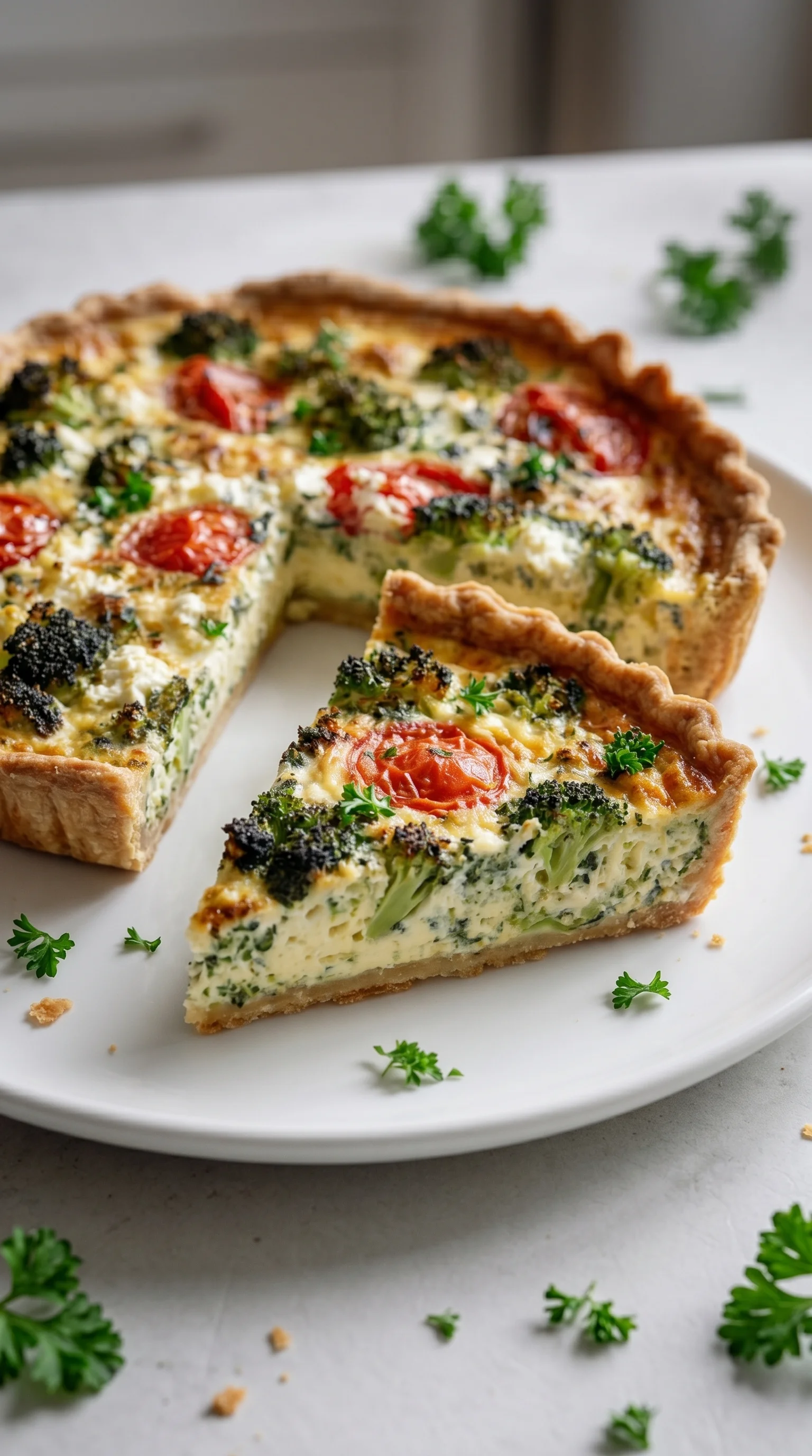 A slice of broccoli quiche with feta and tomatoes.