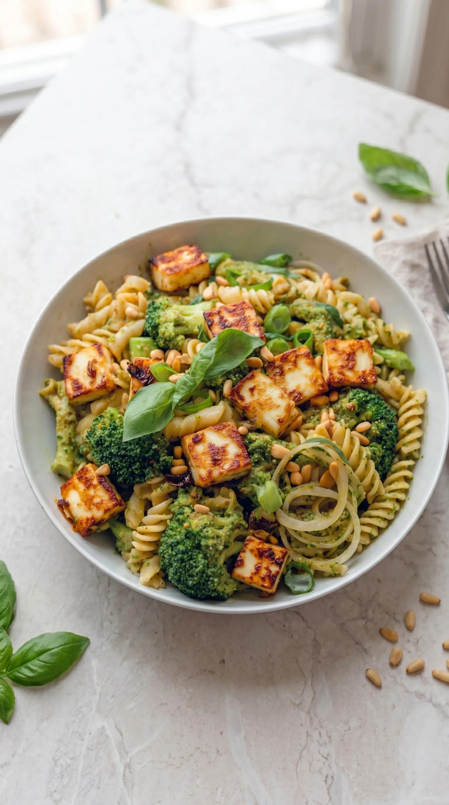 A bowl of pasta salad with broccoli and tofu.
