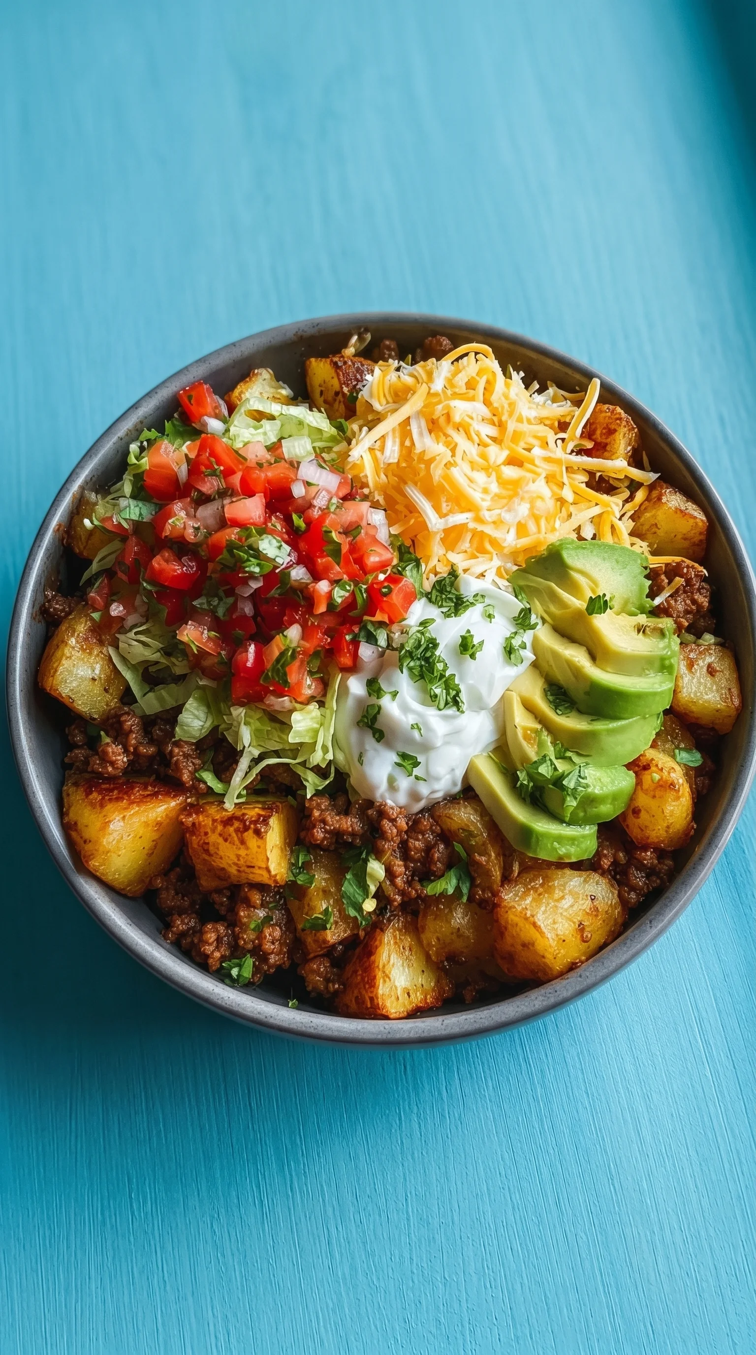 A bowl of food with a variety of ingredients including potatoes, tomatoes, lettuce, cheese, and avocado.