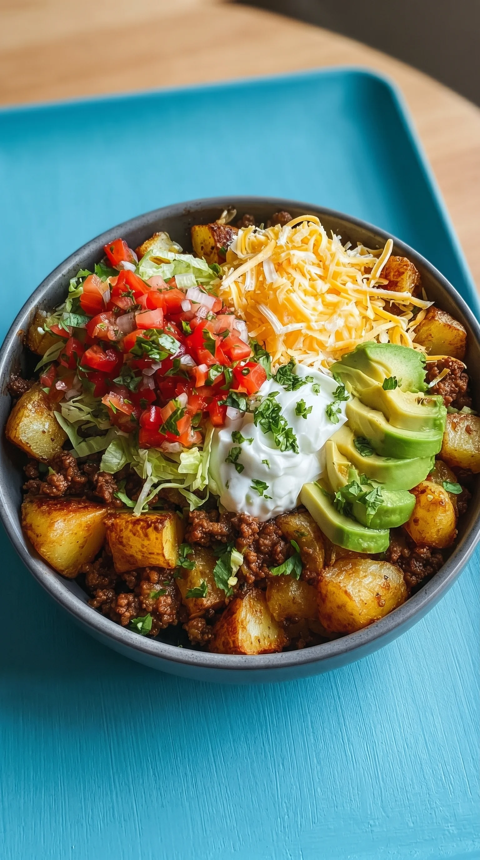 A bowl of food with a variety of ingredients including potatoes, lettuce, tomatoes, and cheese.