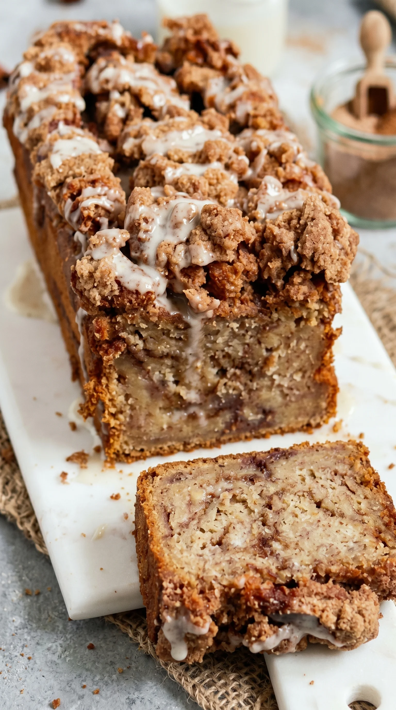 A slice of banana bread with a brown topping.