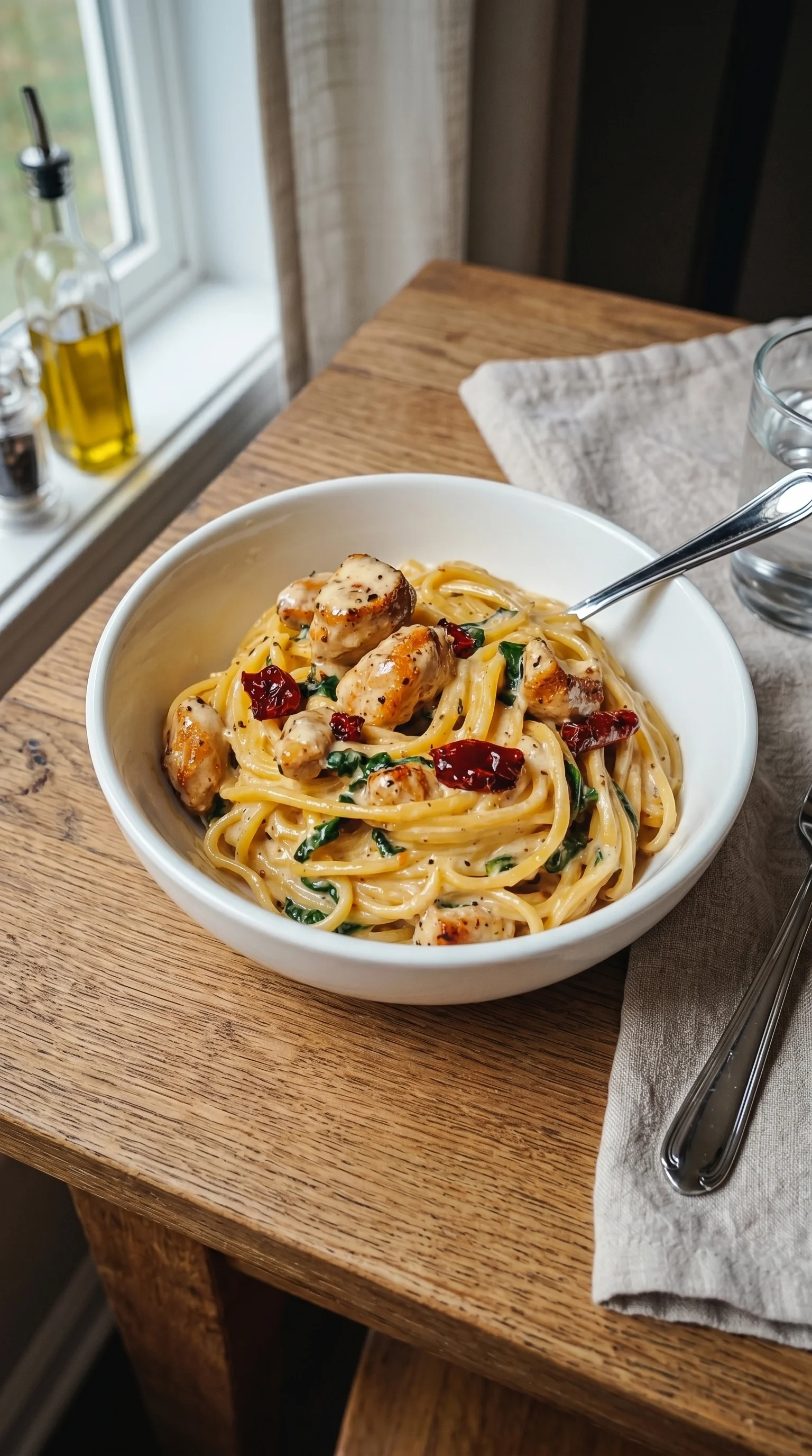 A bowl of cremige toskanische Hähnchenpasta.