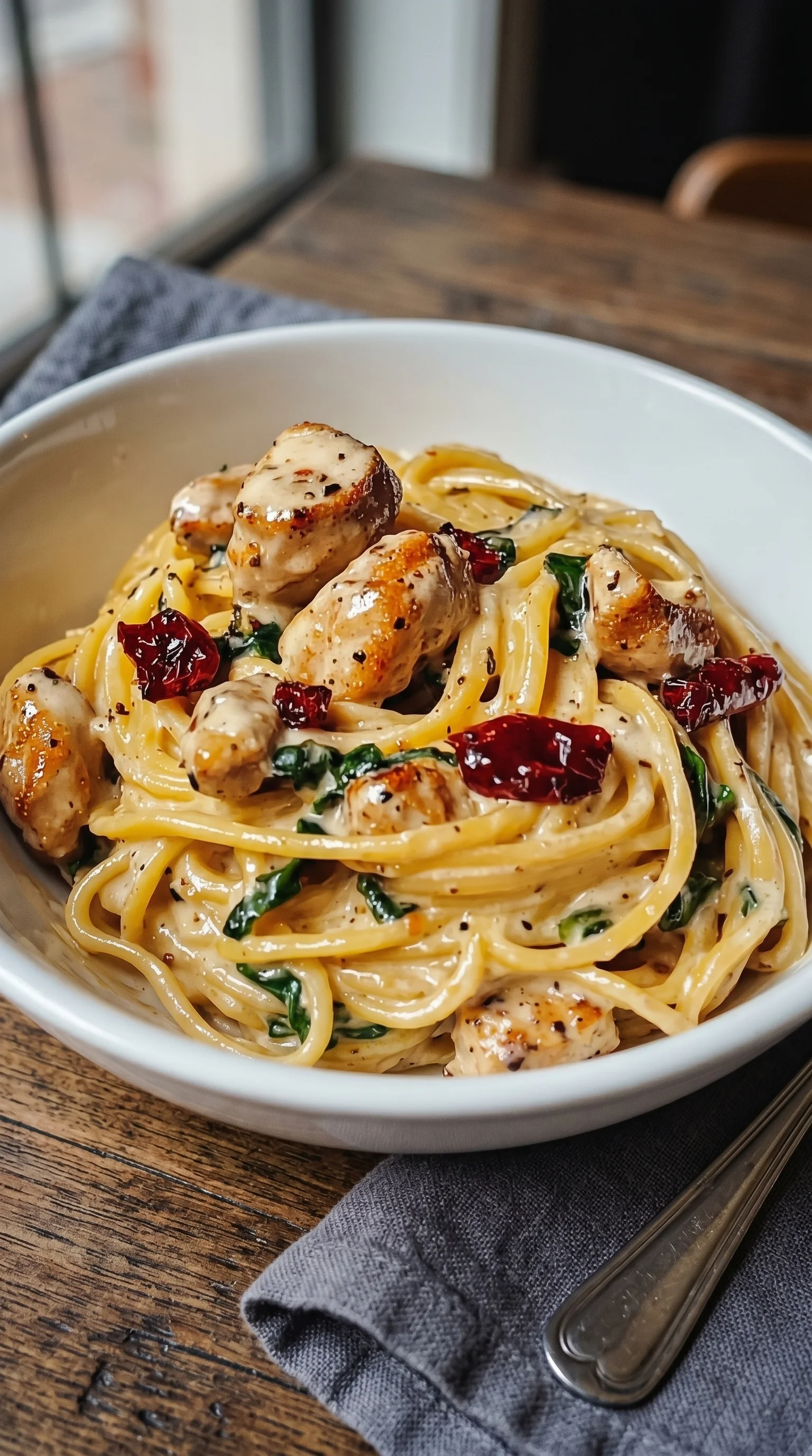 A bowl of creamy toskanische hähnchenpasta.
