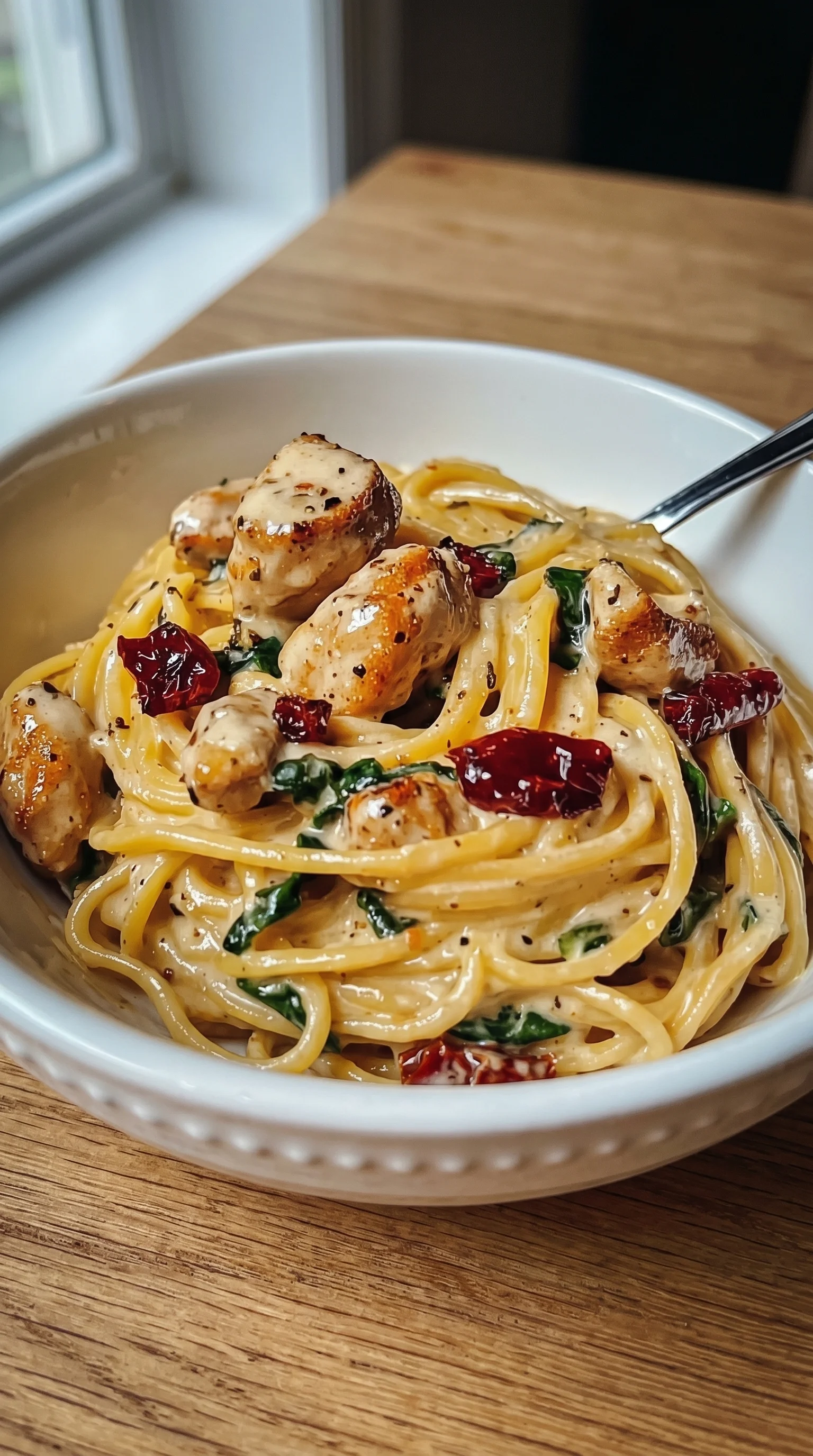 A bowl of pasta with chicken and sauce.
