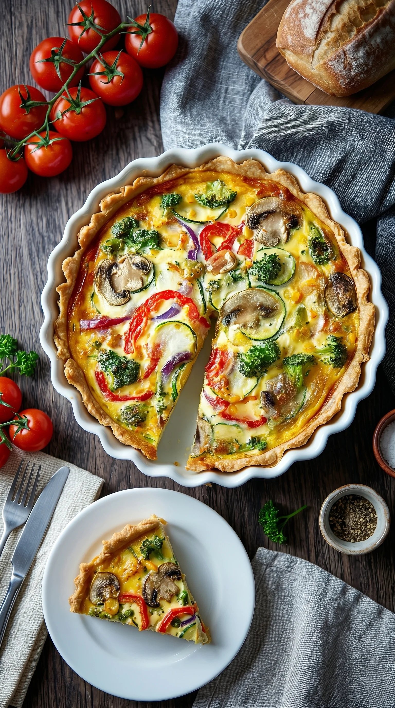 A slice of a vegetable quiche.