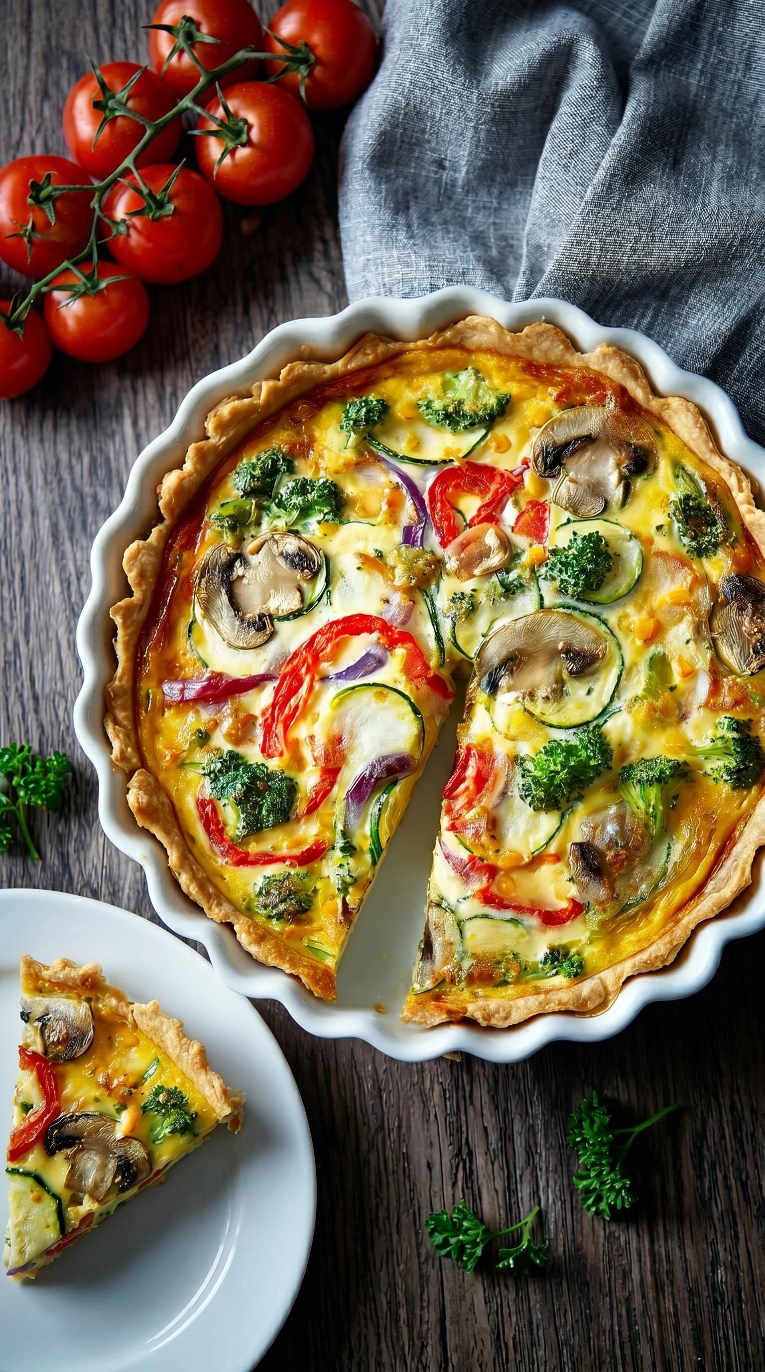 A slice of vegetable quiche.