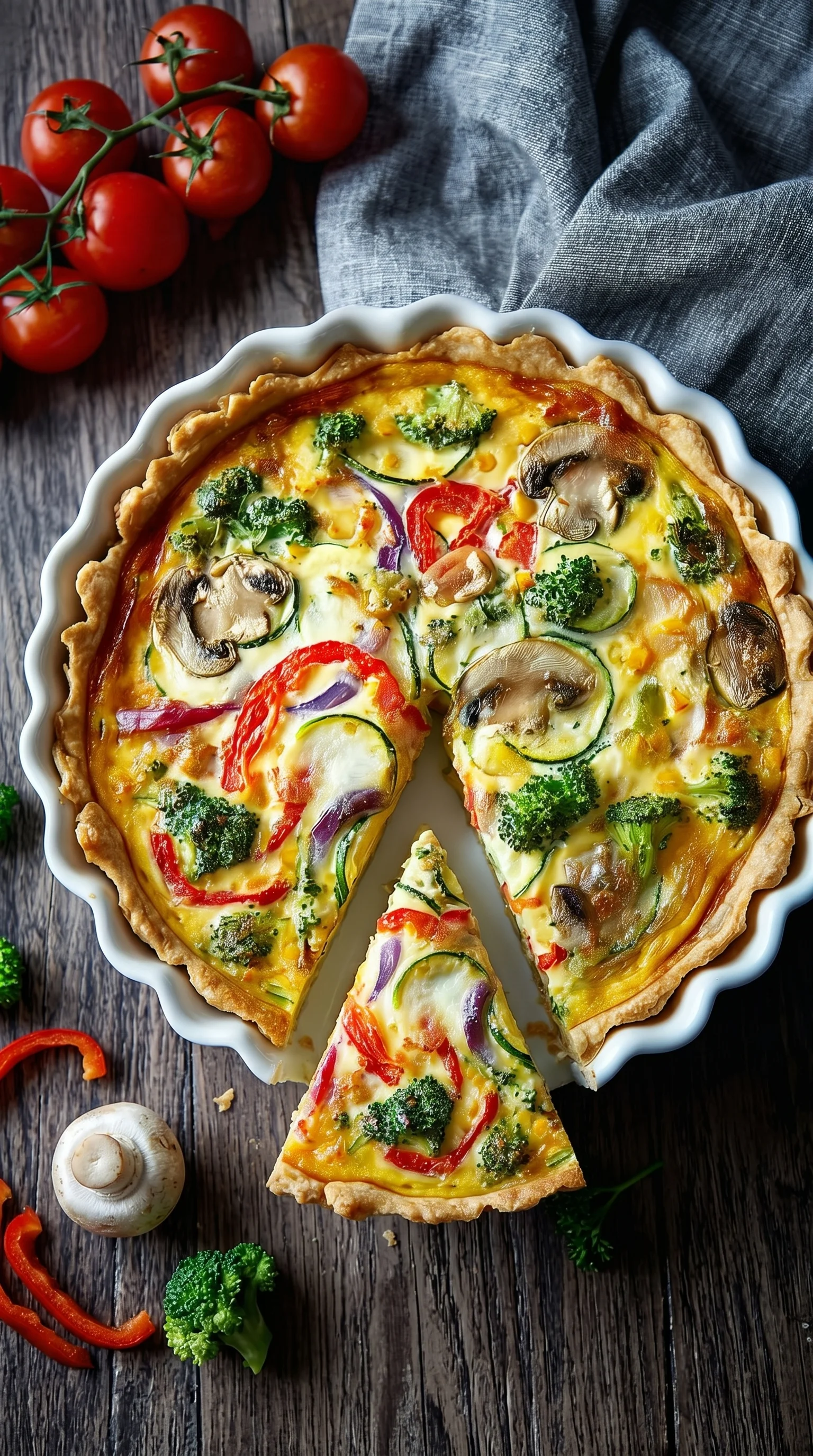 A slice of a vegetable quiche.