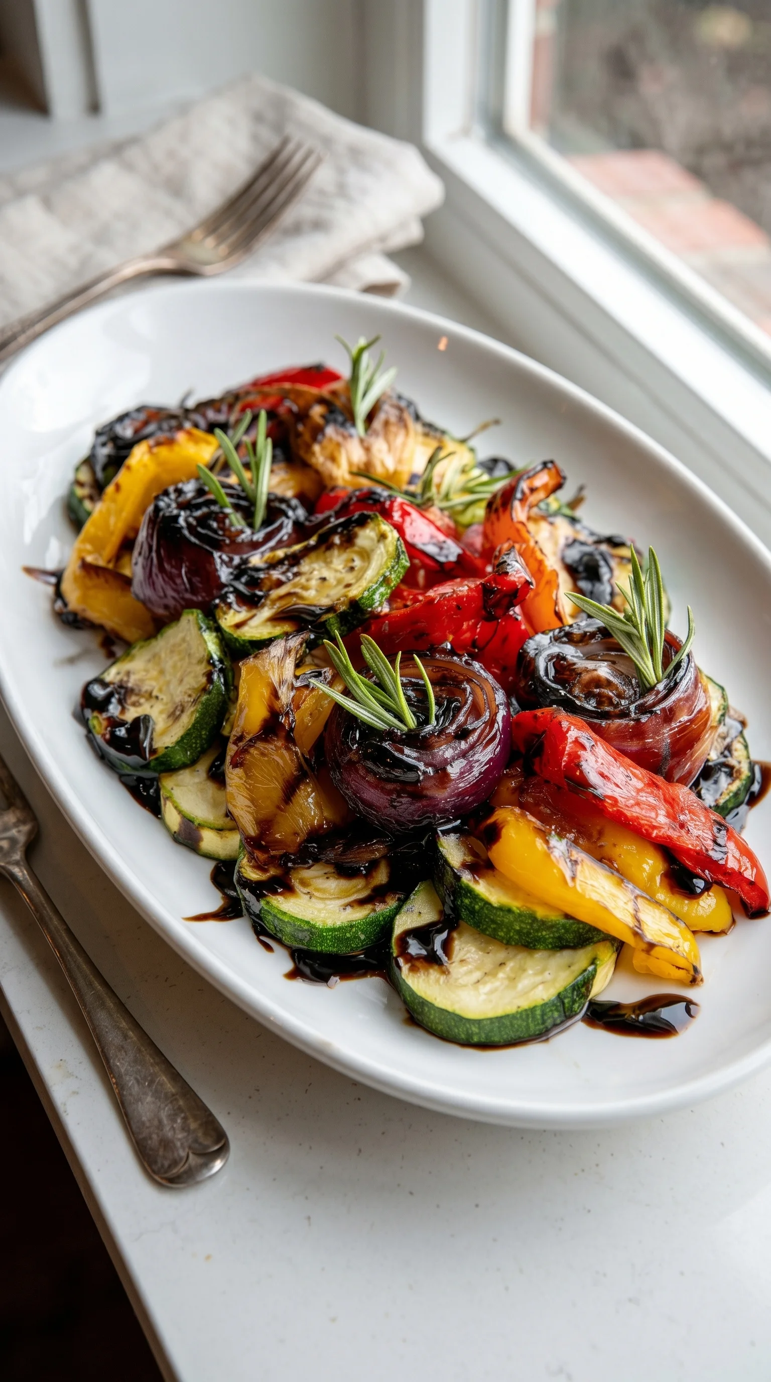 A plate of vegetables with a sauce on top.
