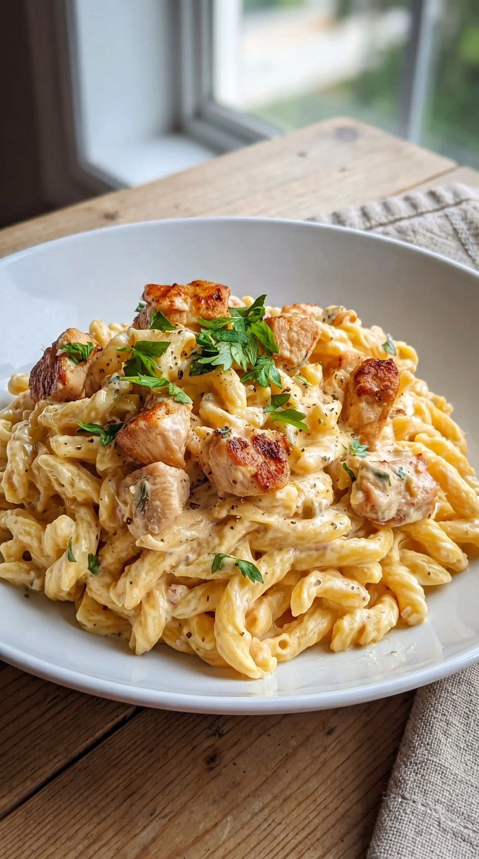 A plate of pasta with chicken and feta cheese.