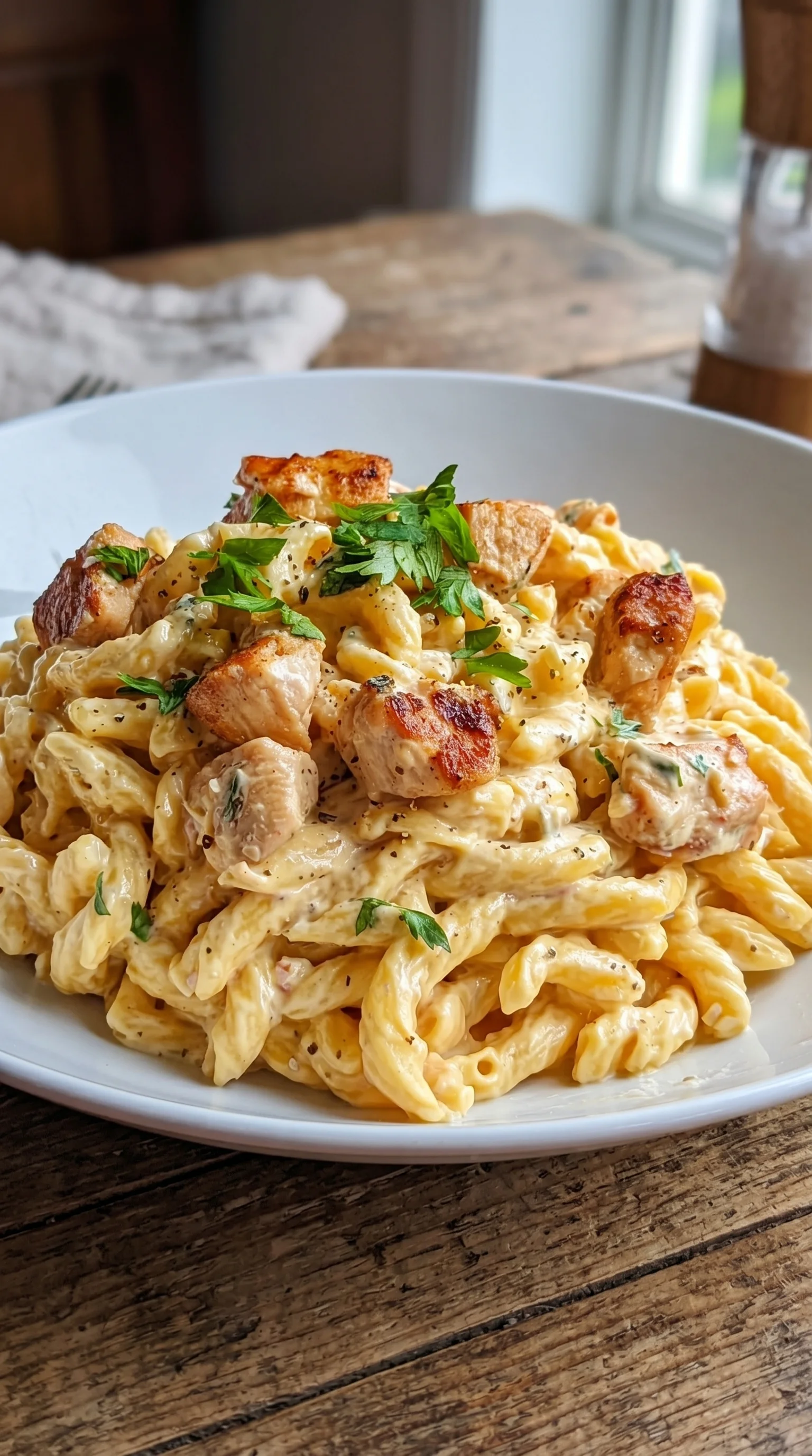 A plate of pasta with chicken and feta cheese.