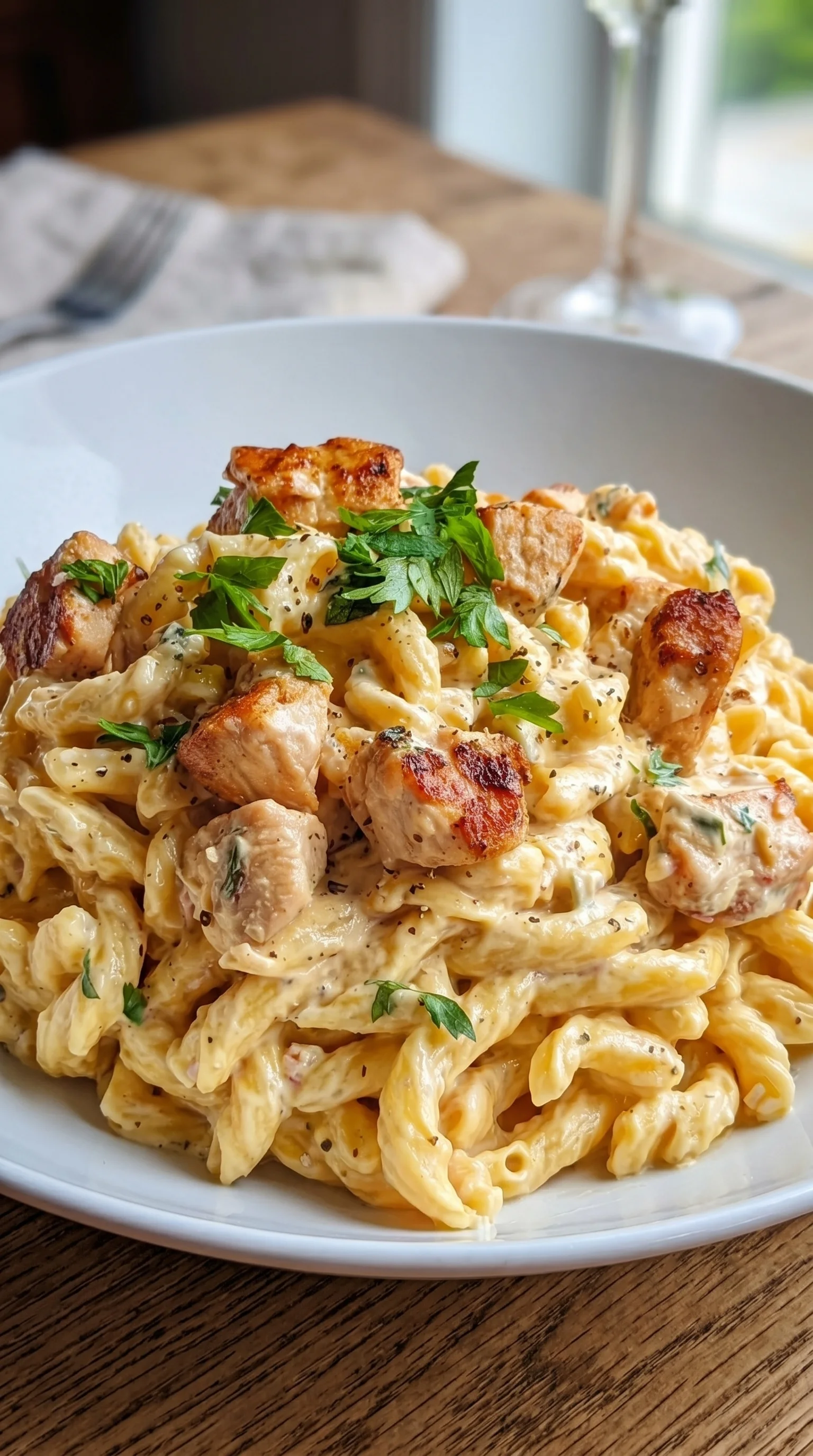 A plate of creamy chicken pasta with feta cheese.