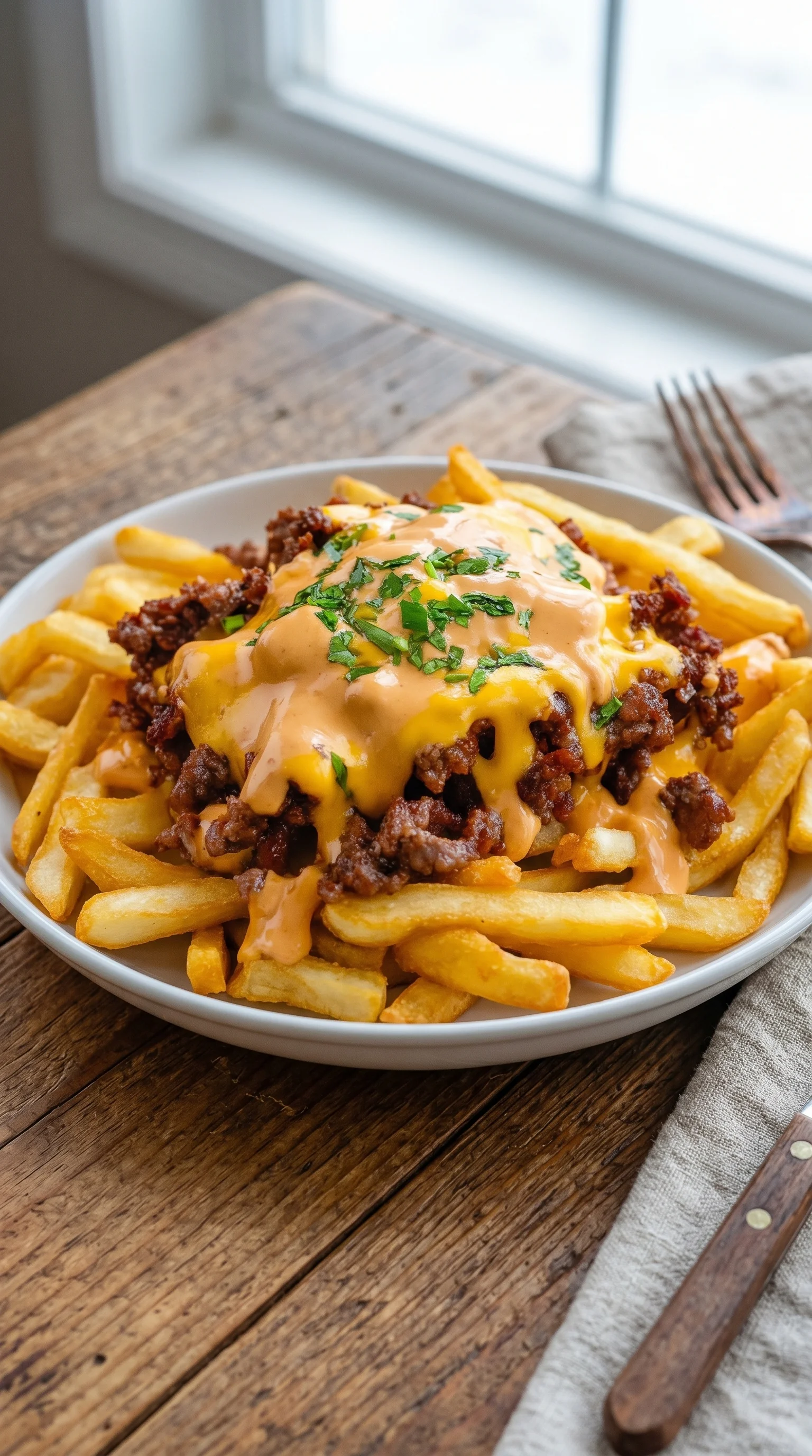 A plate of french fries with meat on top.